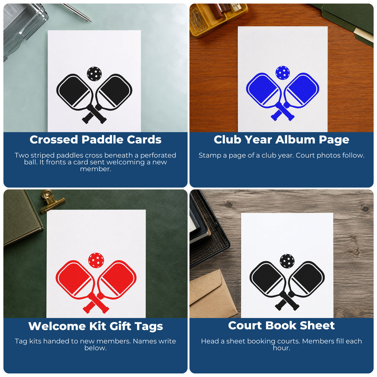 Four ways to use the Crossed Pickleball Paddles Ball Premium Wooden Stamp - Vintage Pro: crossed paddle cards, club year album page, welcome kit gift tags and court book sheet.
