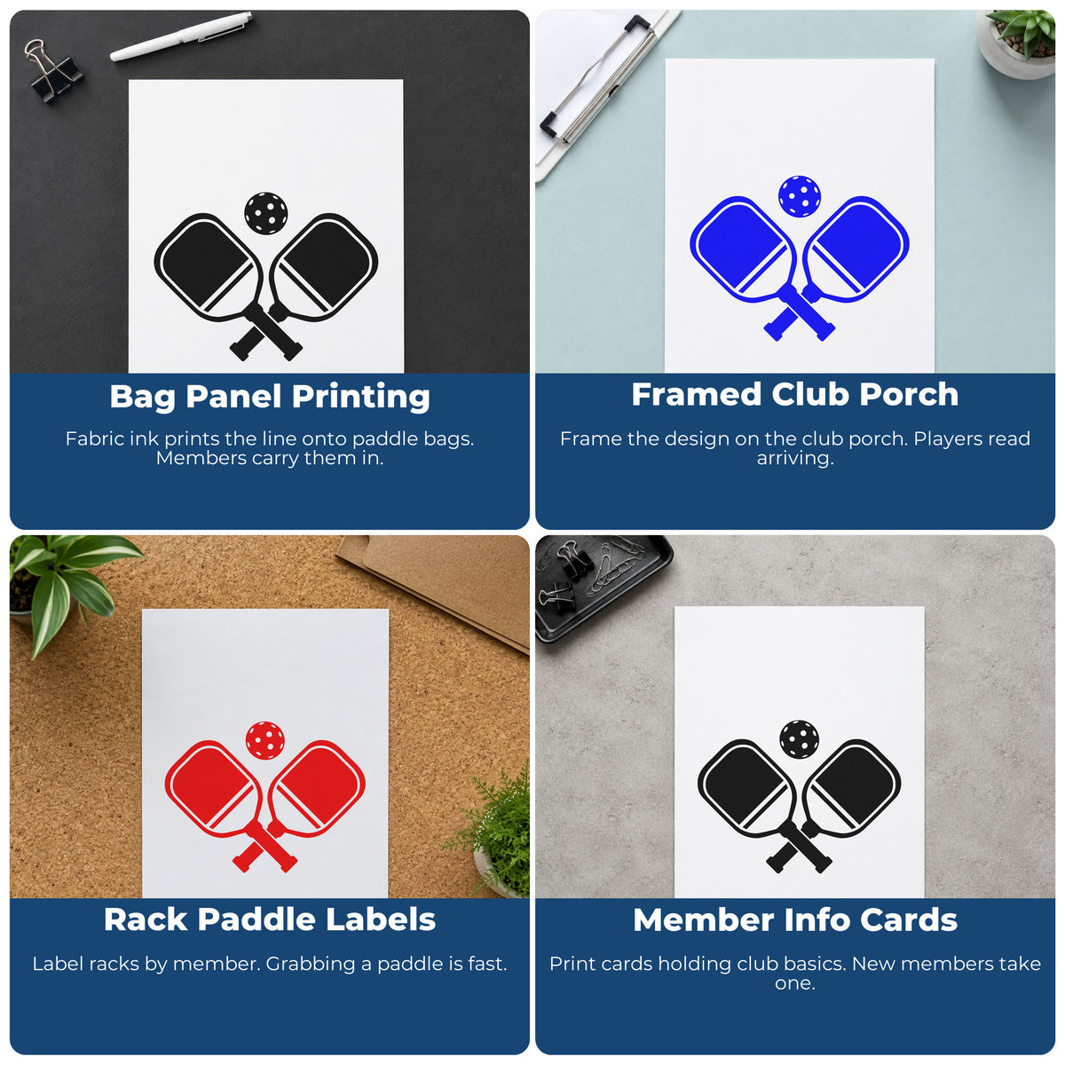 Four ways to use the Crossed Pickleball Paddles Ball Hand Stamp – Duo: bag panel printing, framed club porch, rack paddle labels and member info cards.