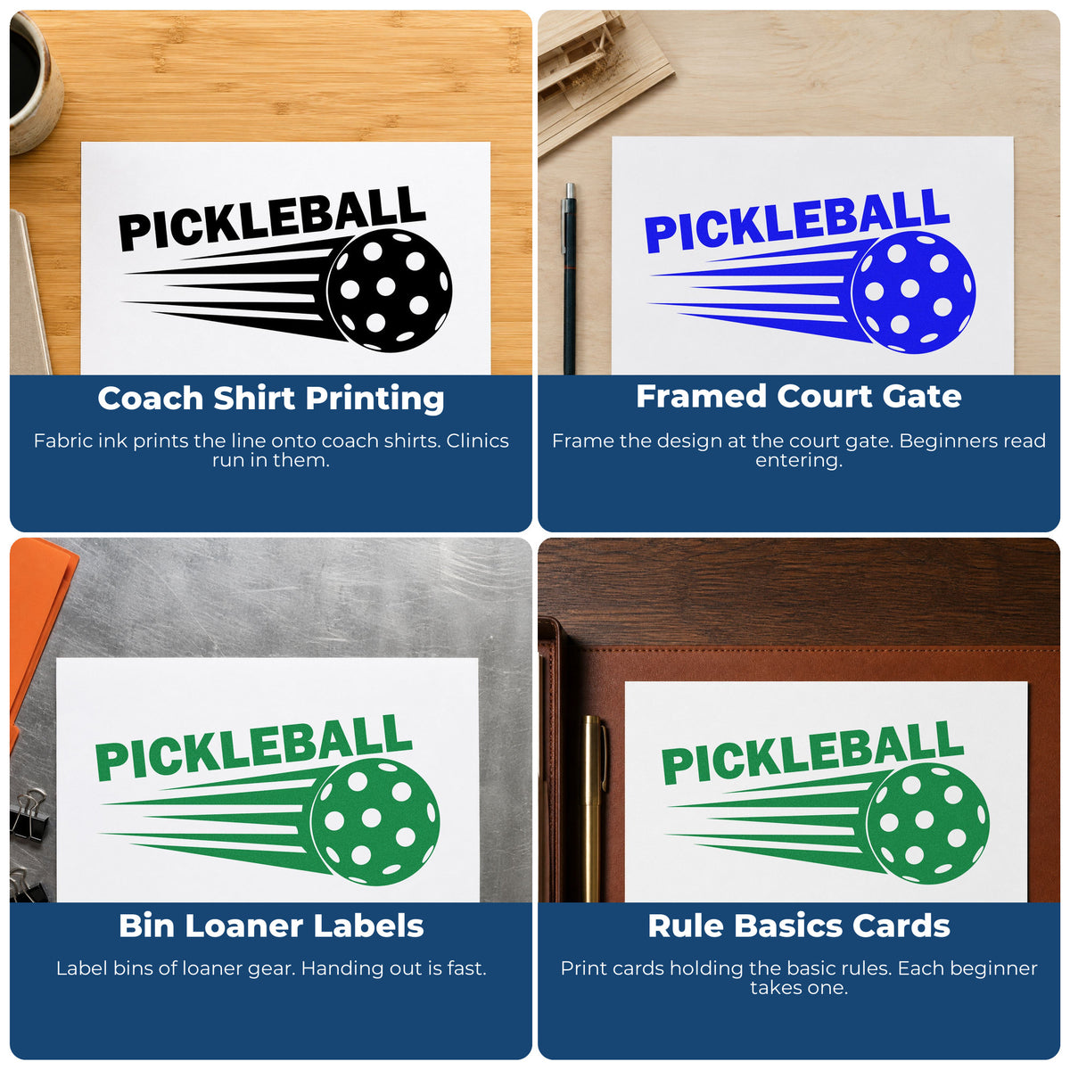 Four ways to use the Pickleball Ball In Motion Stamp – Self-Inking: coach shirt printing, framed court gate, bin loaner labels and rule basics cards.