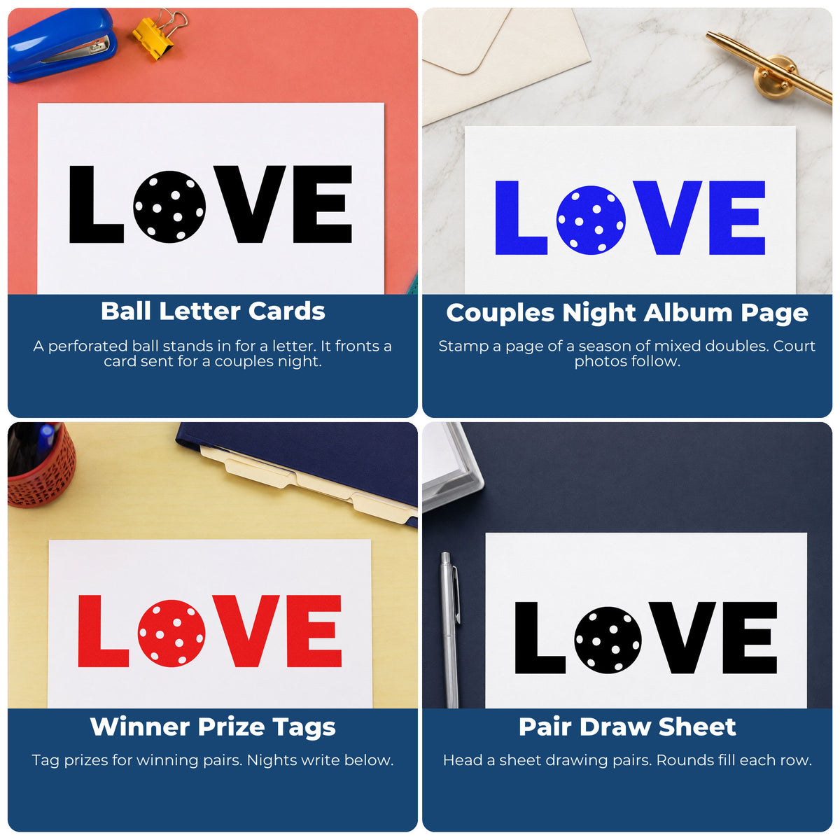 Four ways to use the Duo Hand Love Pickleball Ball Letter Rubber Stamp: ball letter cards, couples night album page, winner prize tags and pair draw sheet.