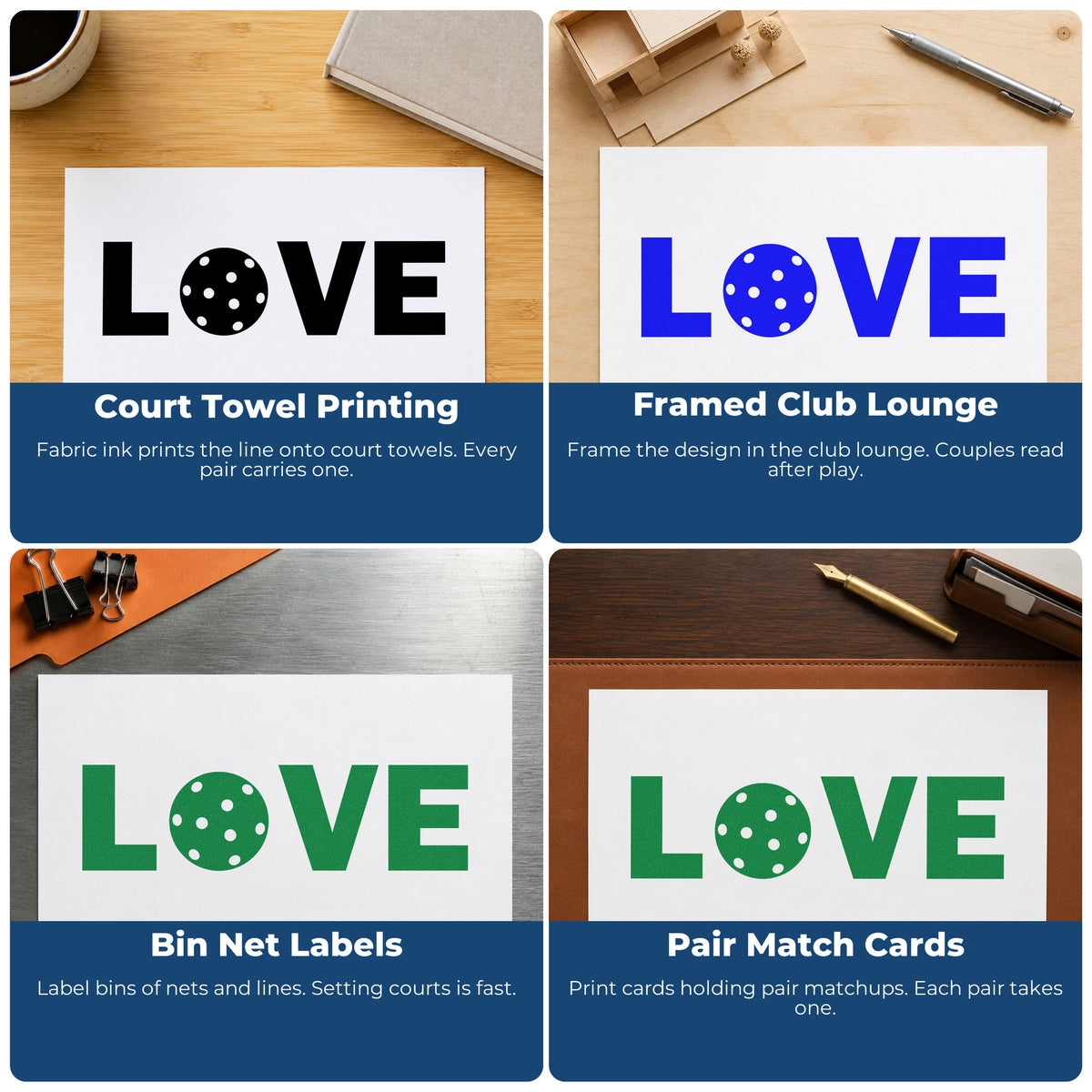 Four ways to use the Love Pickleball Ball Letter Self-Inking Stamp: court towel printing, framed club lounge, bin net labels and pair match cards.