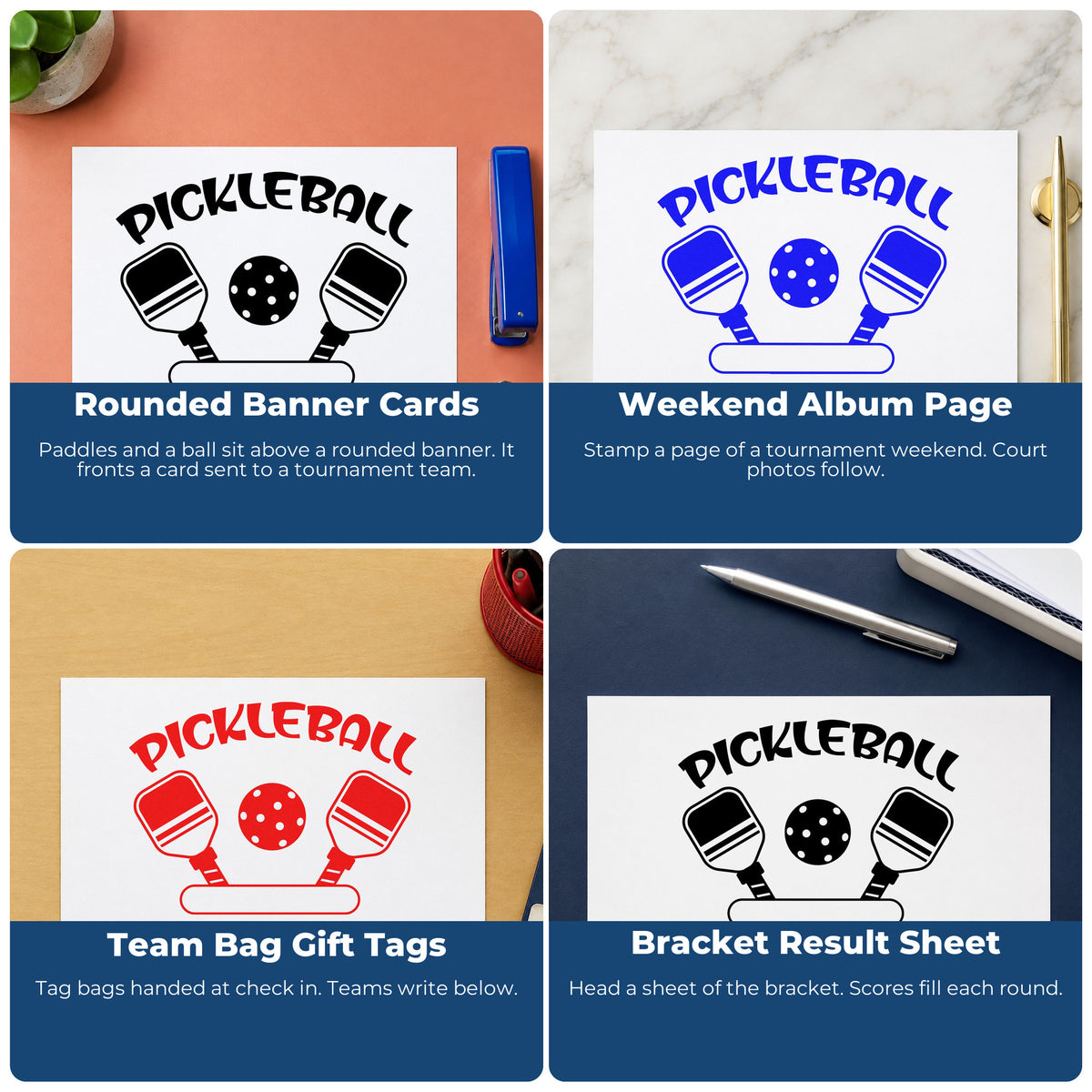 Four ways to use the Pickleball Paddles Blank Banner Stamp – Slim Pre-Inked: rounded banner cards, weekend album page, team bag gift tags and bracket result sheet.