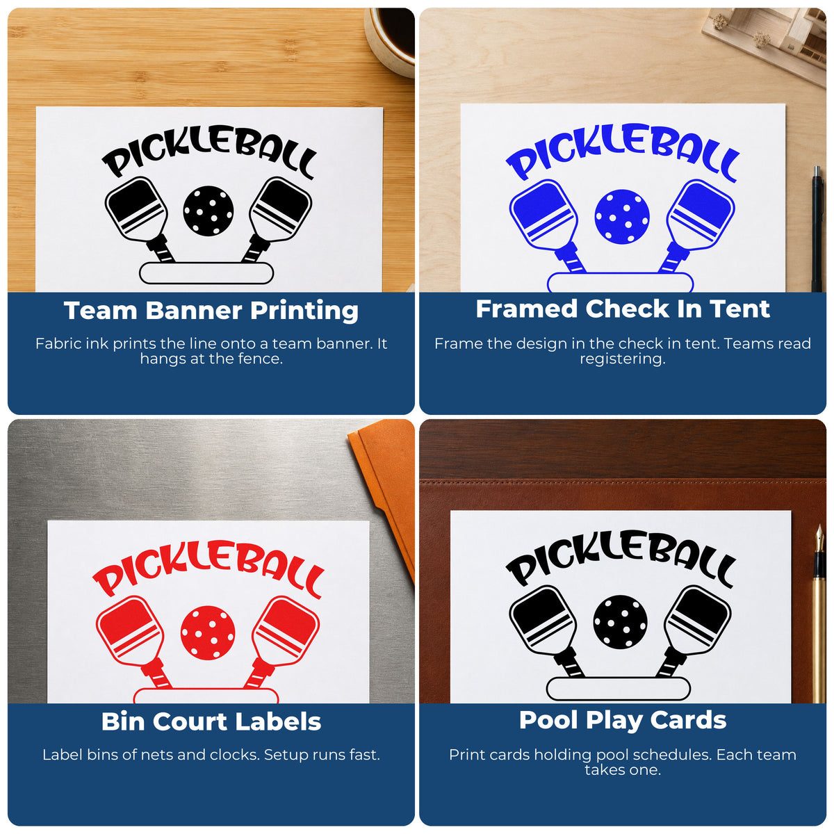 Four ways to use the Pickleball Paddles Blank Banner Hand Stamp – Duo: team banner printing, framed check in tent, bin court labels and pool play cards.