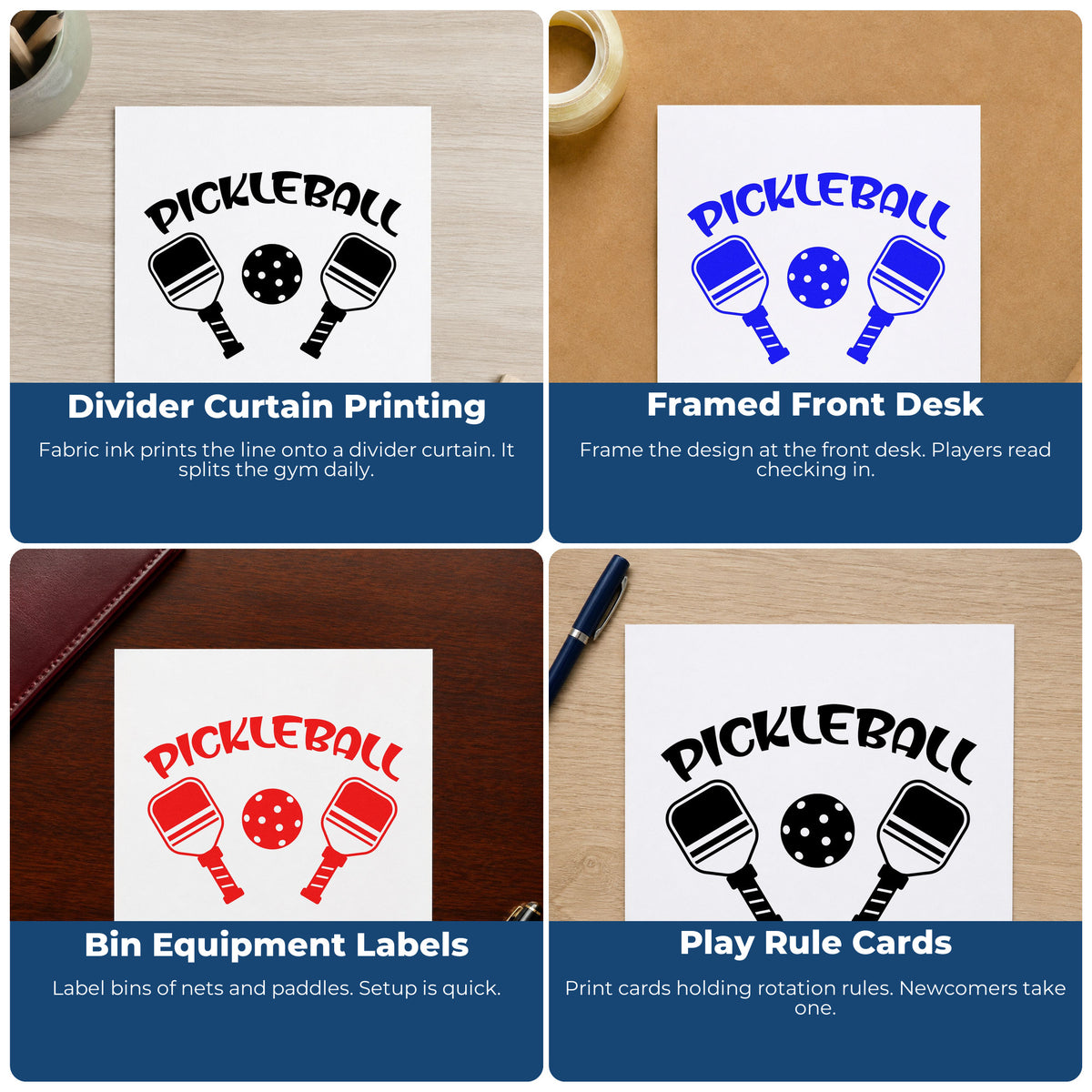 Four ways to use the Pickleball Paddles And Ball Pre-Inked Stamp – Slim: divider curtain printing, framed front desk, bin equipment labels and play rule cards.