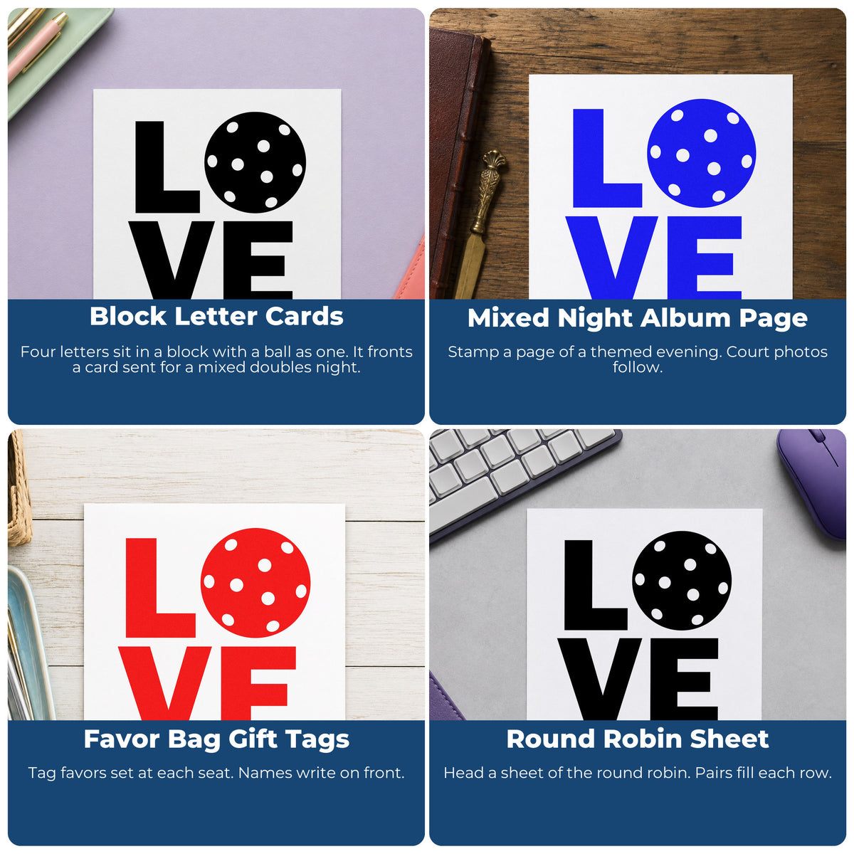Four ways to use the Stacked Love Pickleball Ball Pre-Inked Stamp – Slim: block letter cards, mixed night album page, favor bag gift tags and round robin sheet.