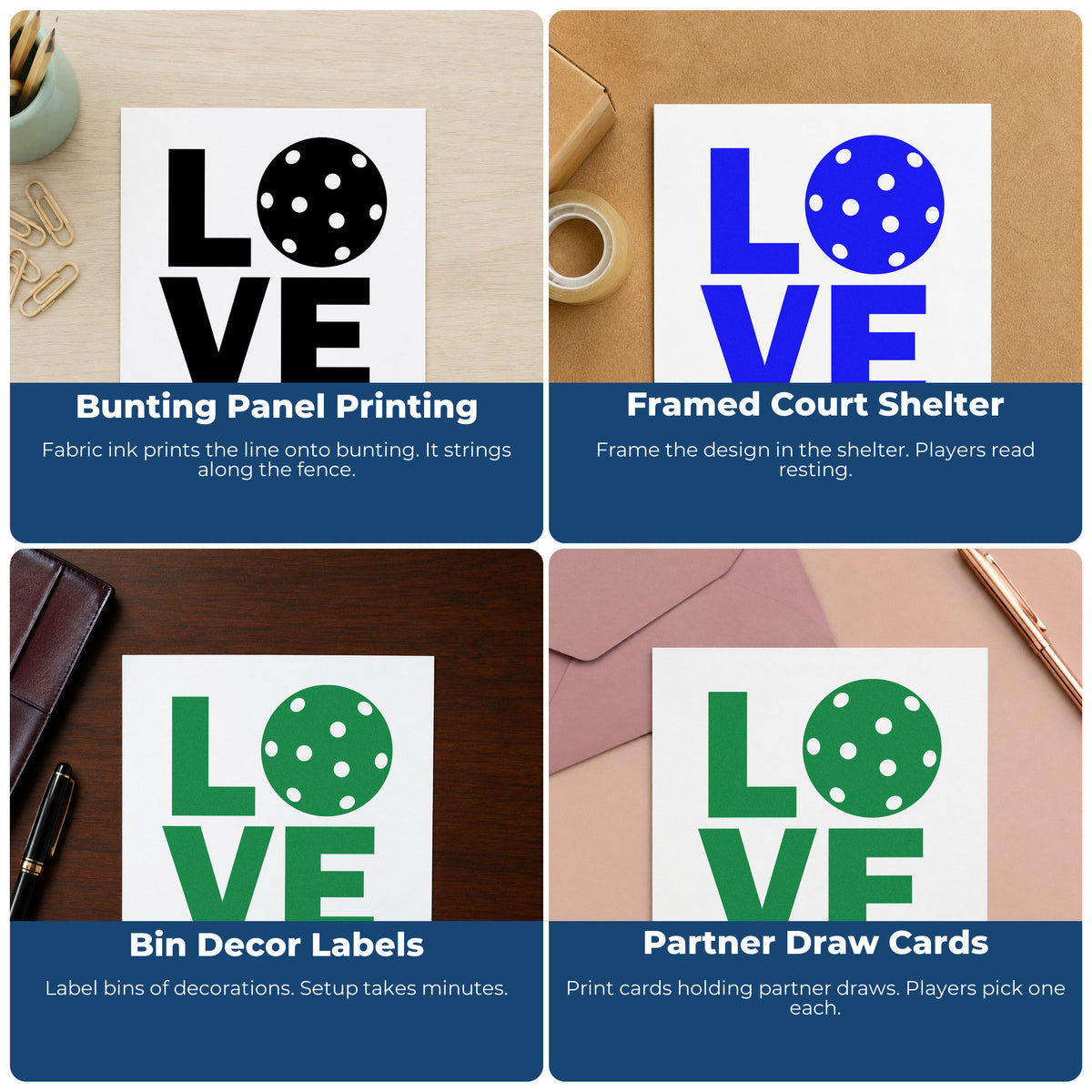 Four ways to use the Stacked Love Pickleball Ball Hand Stamp – Duo: bunting panel printing, framed court shelter, bin decor labels and partner draw cards.