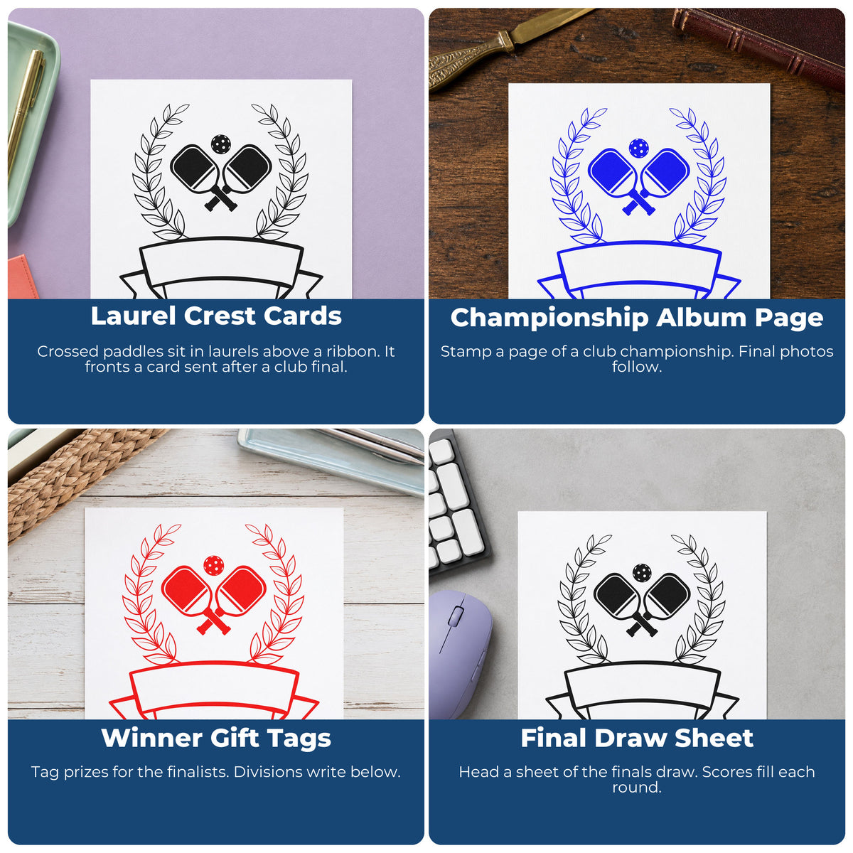 Four ways to use the Crossed Paddles With Laurels And Blank Ribbon Self-Inking Stamp: laurel crest cards, championship album page, winner gift tags and final draw sheet.