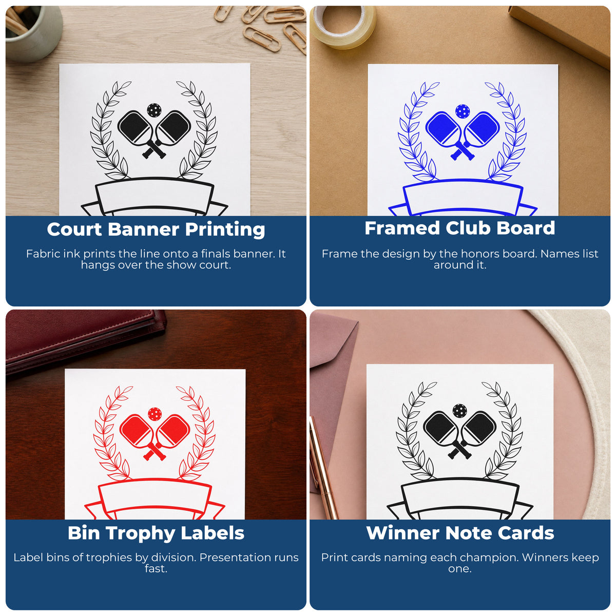 Four ways to use the Crossed Paddles With Laurels And Blank Ribbon Self-Inking Stamp: court banner printing, framed club board, bin trophy labels and winner note cards.