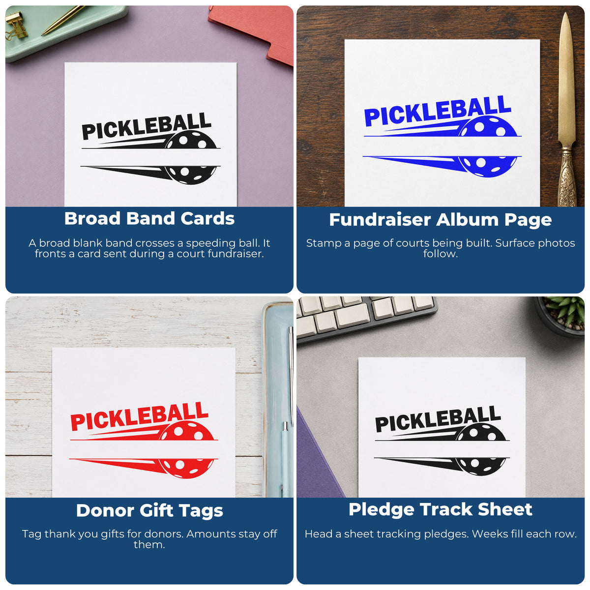 Four ways to use the Pickleball Motion Ball And Blank Band Slim Pre-Inked Stamp: broad band cards, fundraiser album page, donor gift tags and pledge track sheet.