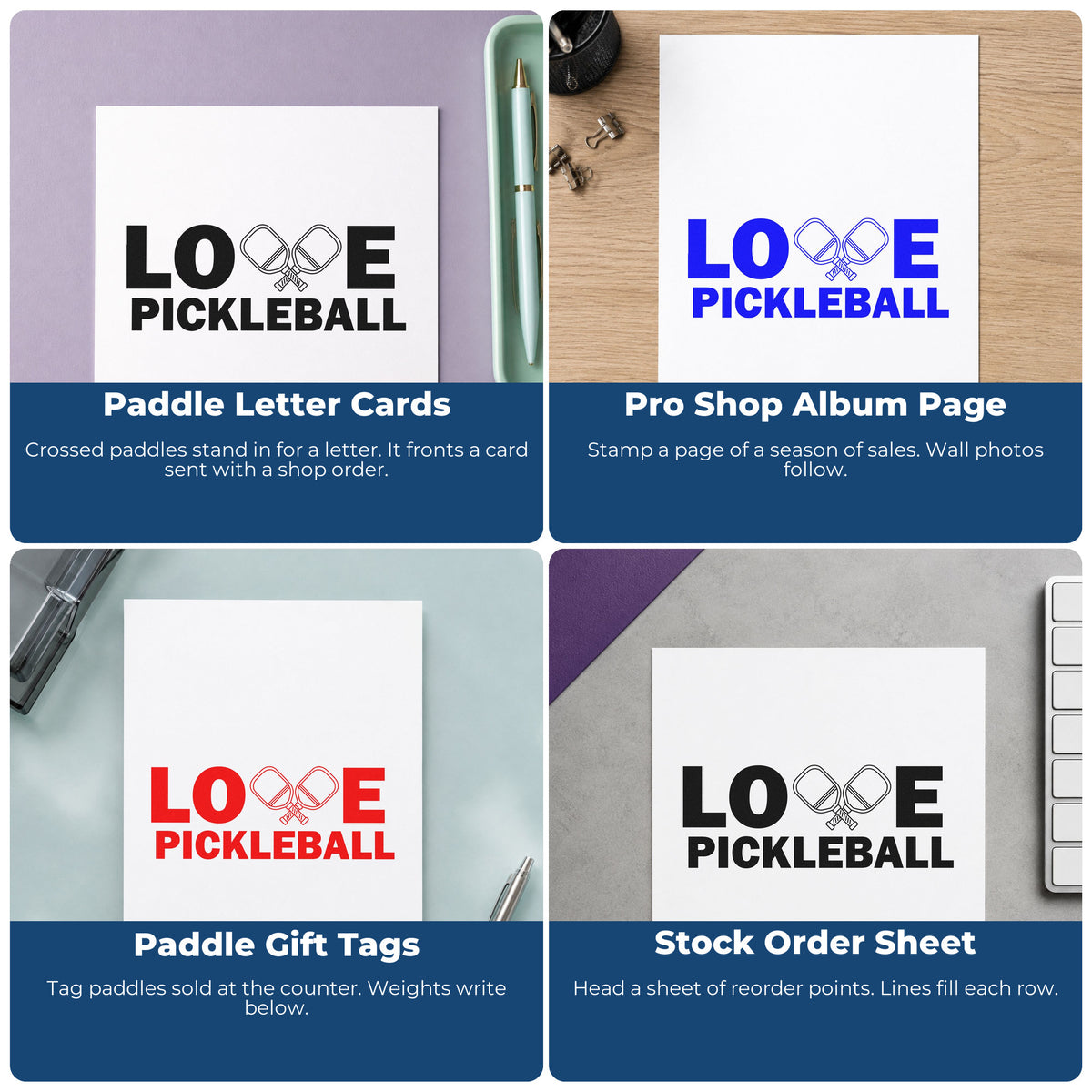 Four ways to use the Love Pickleball Crossed Paddles Self-Inking Craft Stamp: paddle letter cards, pro shop album page, paddle gift tags and stock order sheet.