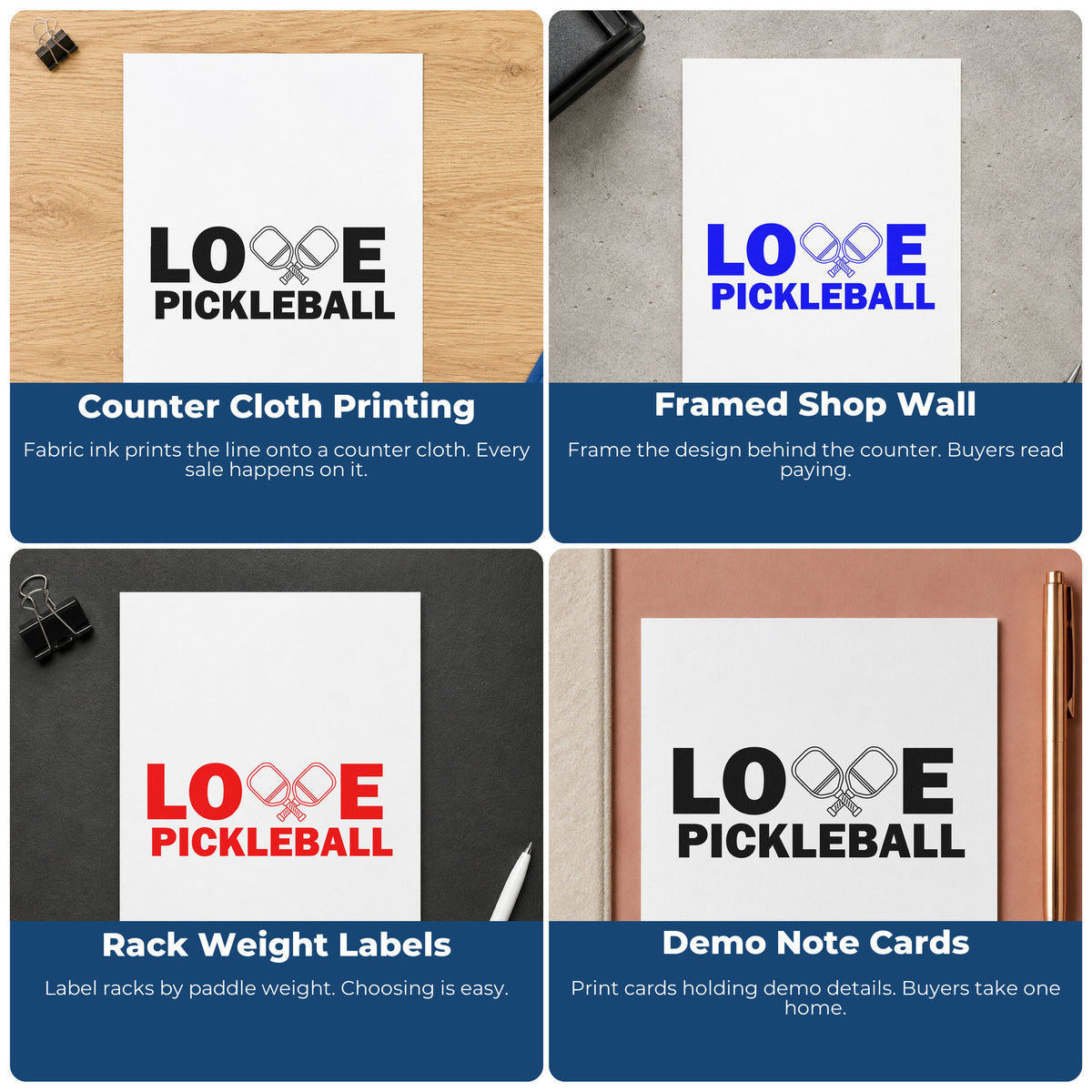 Four ways to use the Love Pickleball Crossed Paddles Pre-Inked Stamp – PSI: counter cloth printing, framed shop wall, rack weight labels and demo note cards.