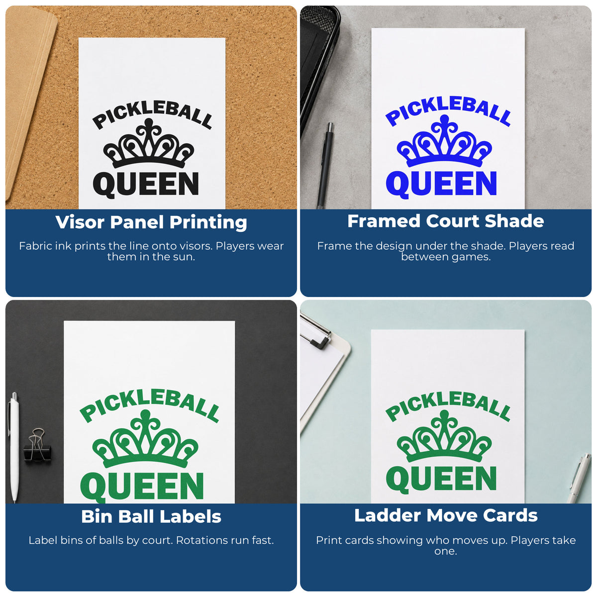 Four ways to use the Pickleball Queen Crown Wood-Mounted Rubber Stamp: visor panel printing, framed court shade, bin ball labels and ladder move cards.