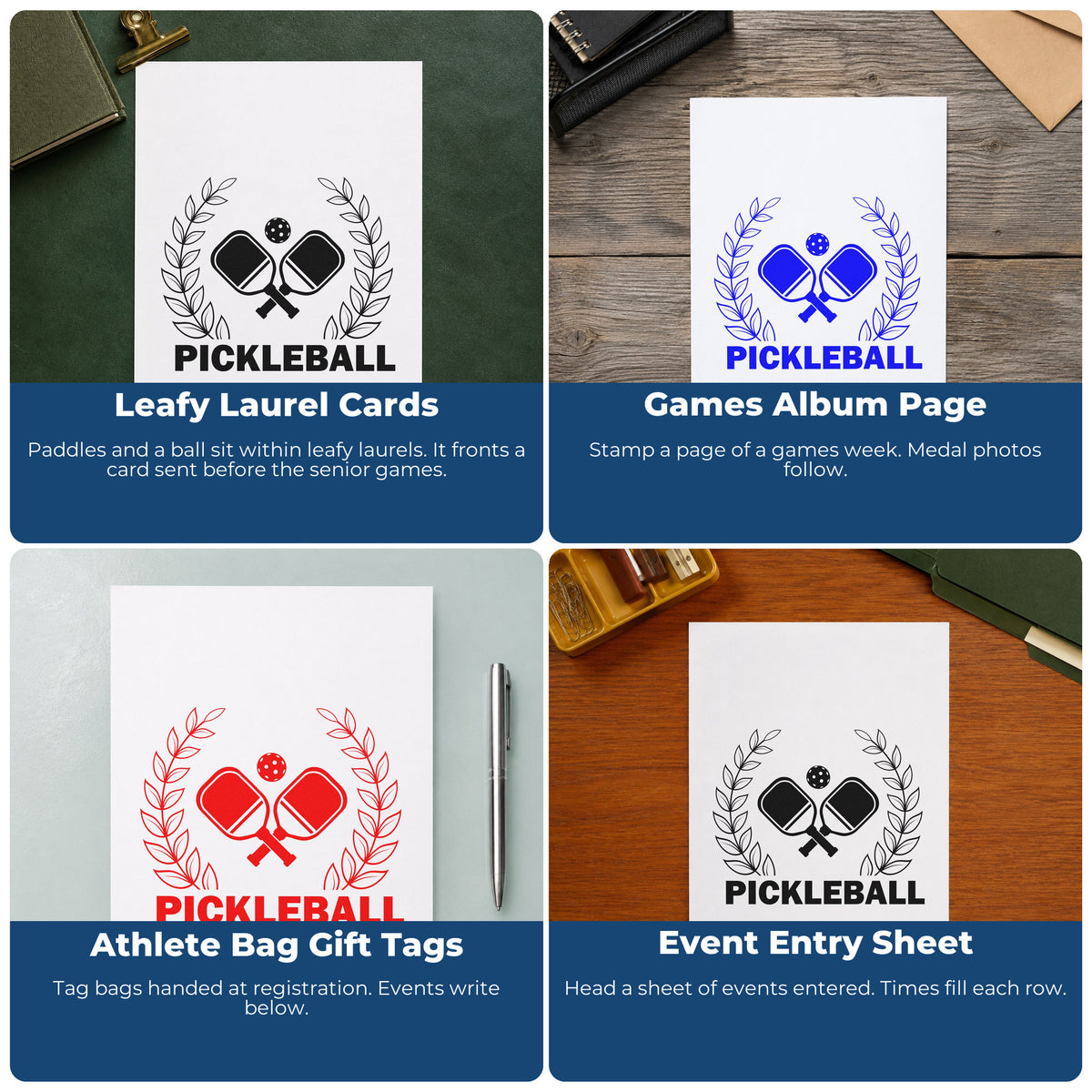 Four ways to use the Pickleball Laurel Paddle Badge Pre-Inked Stamp – Slim: leafy laurel cards, games album page, athlete bag gift tags and event entry sheet.