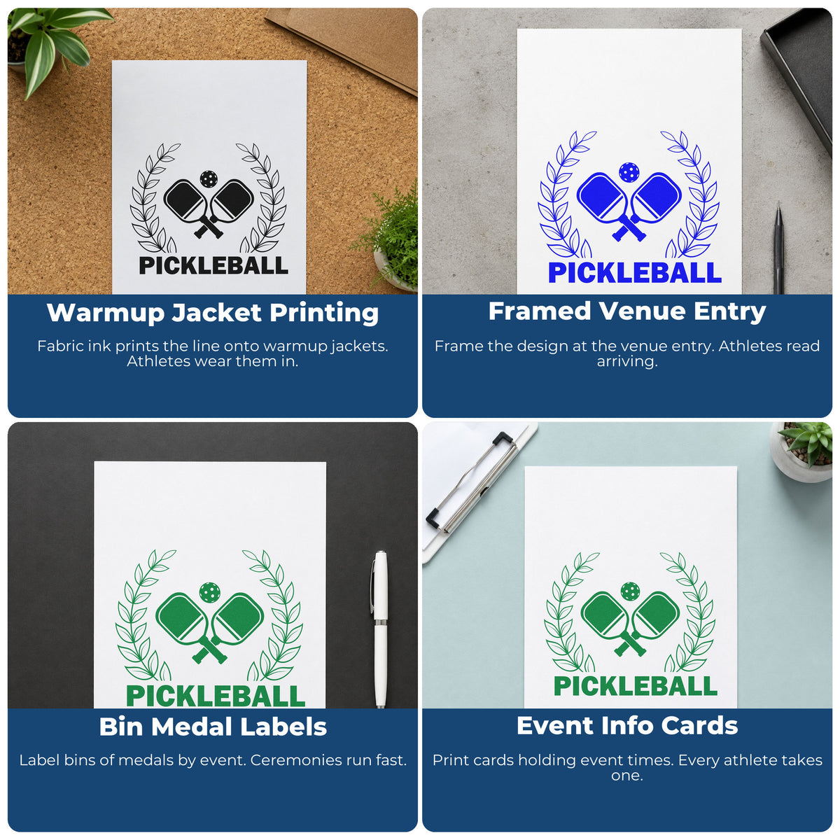 Four ways to use the Pickleball Laurel Paddle Badge Pre-Inked Stamp – Slim: warmup jacket printing, framed venue entry, bin medal labels and event info cards.