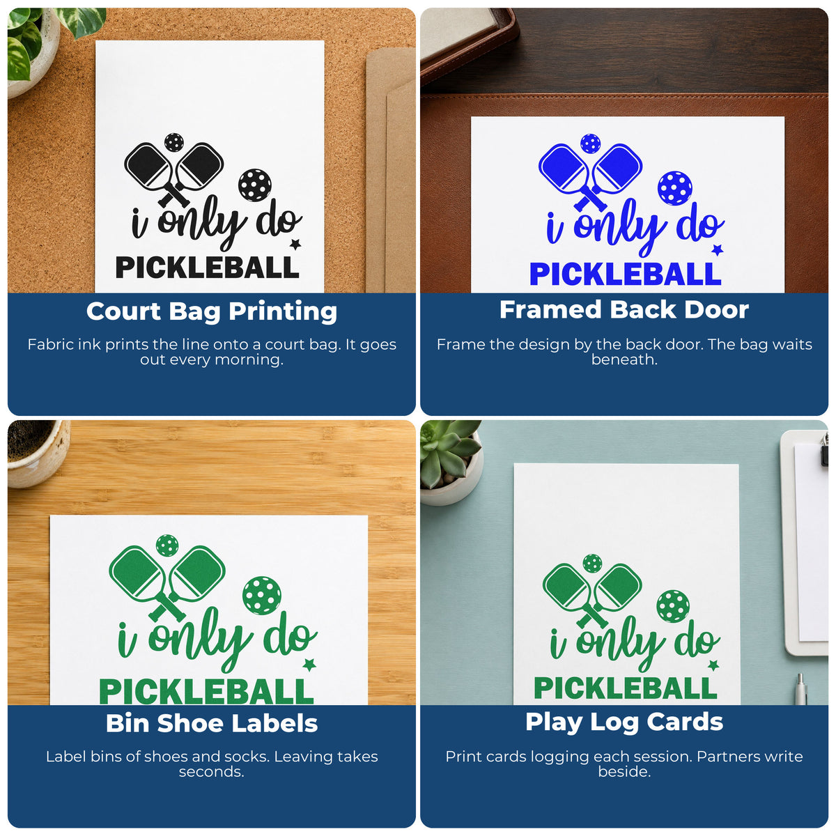 Four ways to use the I Only Do Pickleball Slim Pre-Inked Stamp: court bag printing, framed back door, bin shoe labels and play log cards.