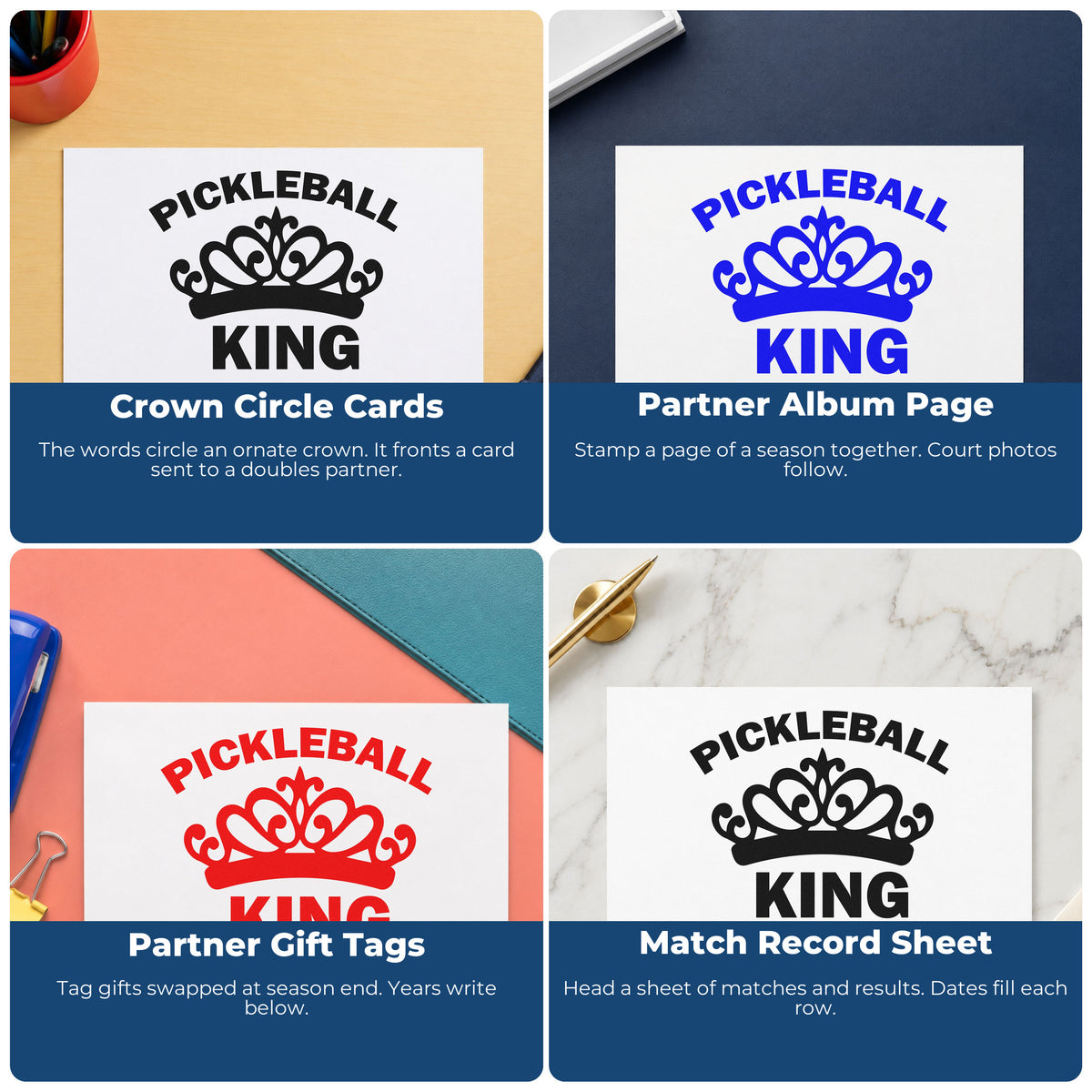 Four ways to use the Pickleball King Crown Rubber Stamp – Wood Handle: crown circle cards, partner album page, partner gift tags and match record sheet.