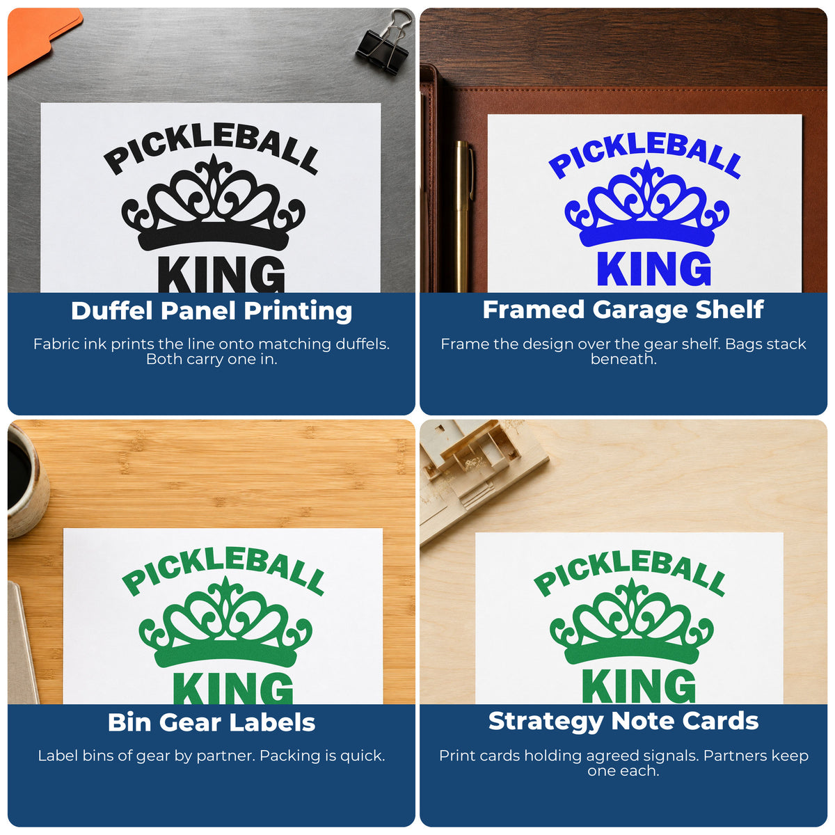Four ways to use the Pickleball King Crown Pre-Inked Stamp – PSI: duffel panel printing, framed garage shelf, bin gear labels and strategy note cards.