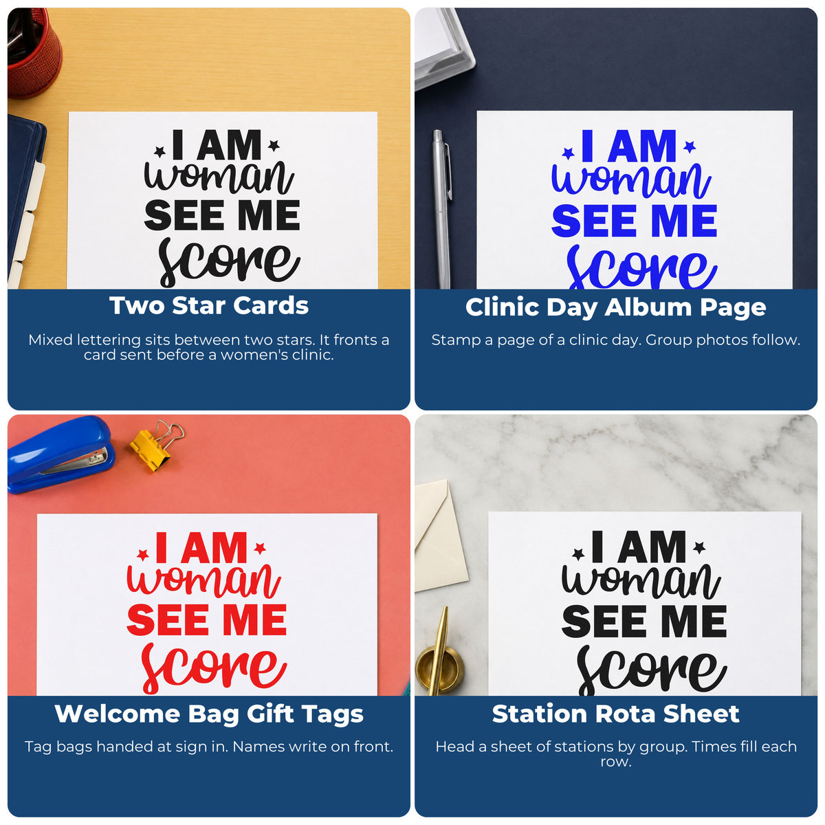 Four ways to use the I Am Woman See Me Score Slim Pre-Inked Stamp: two star cards, clinic day album page, welcome bag gift tags and station rota sheet.