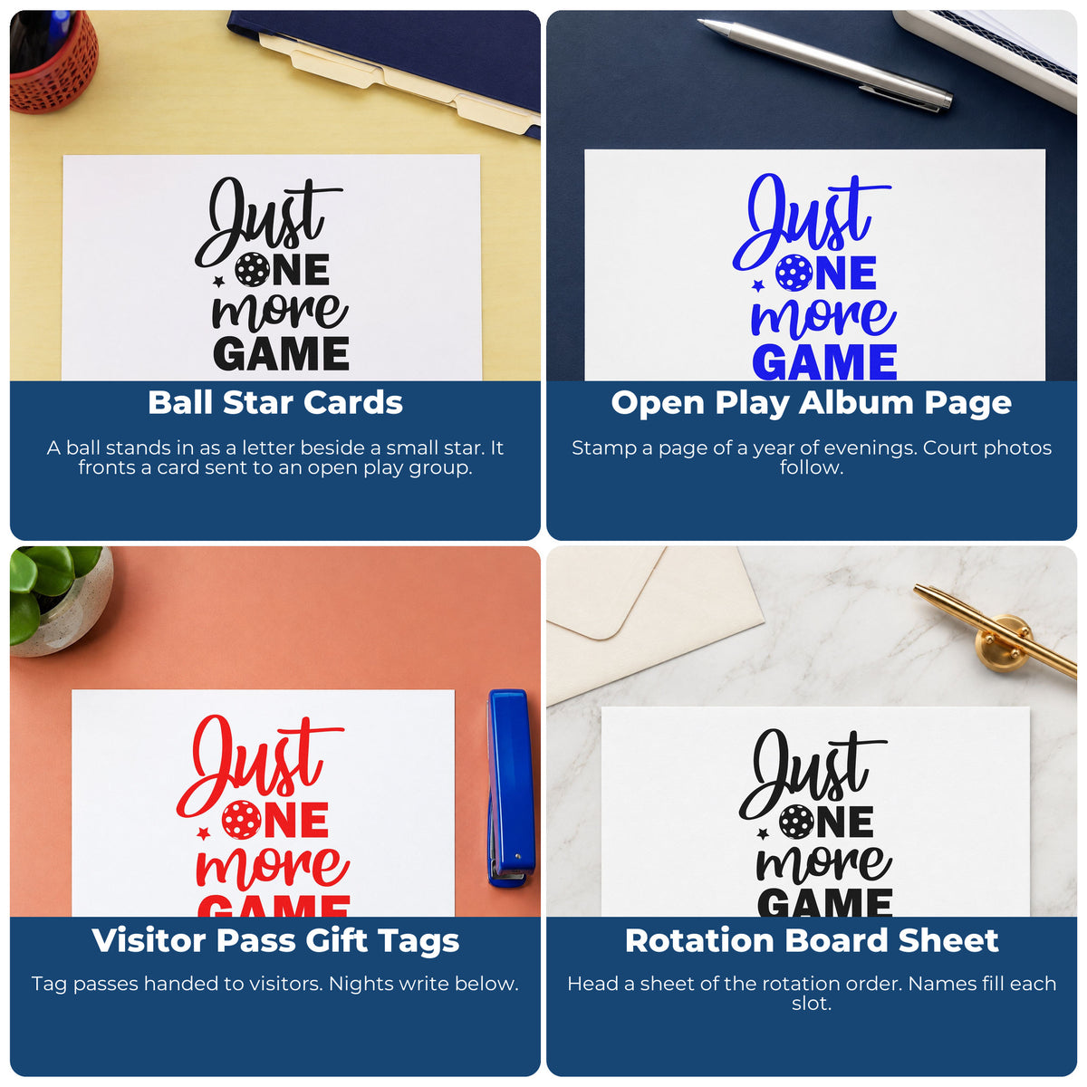 Four ways to use the Just One More Game Hand Stamp – Duo: ball star cards, open play album page, visitor pass gift tags and rotation board sheet.