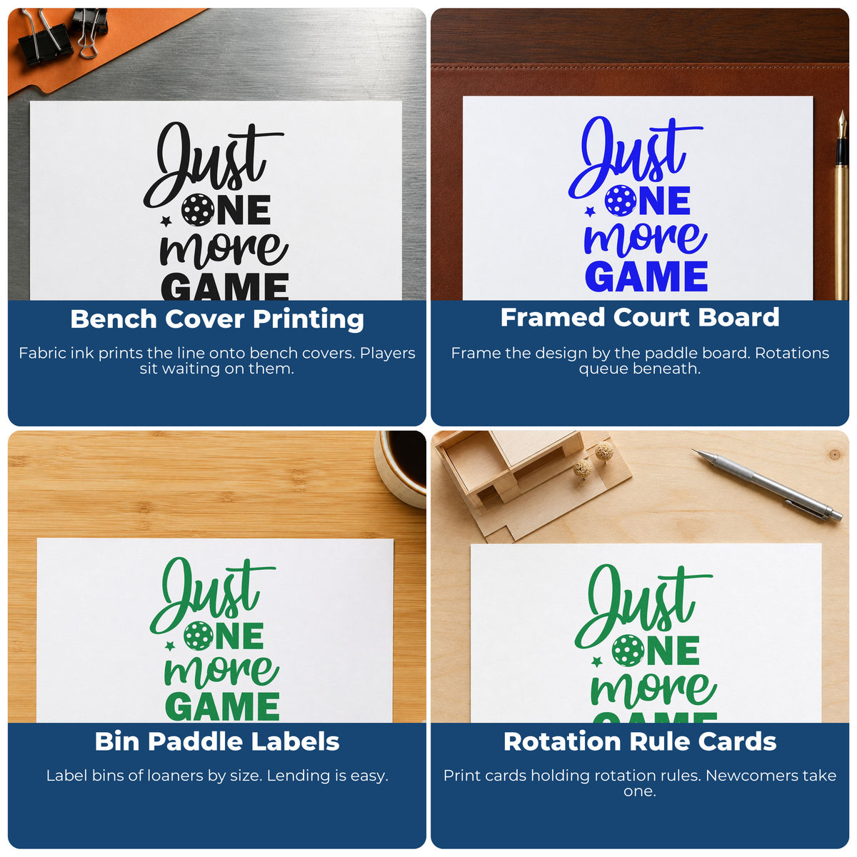 Four ways to use the Just One More Game Pre-Inked Stamp – Slim: bench cover printing, framed court board, bin paddle labels and rotation rule cards.