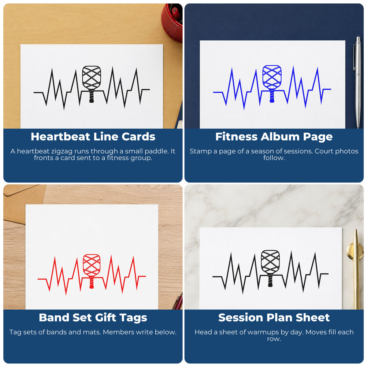 Four ways to use the Crosshatched Paddle Heartbeat Line Stamp – Wood Handle: heartbeat line cards, fitness album page, band set gift tags and session plan sheet.