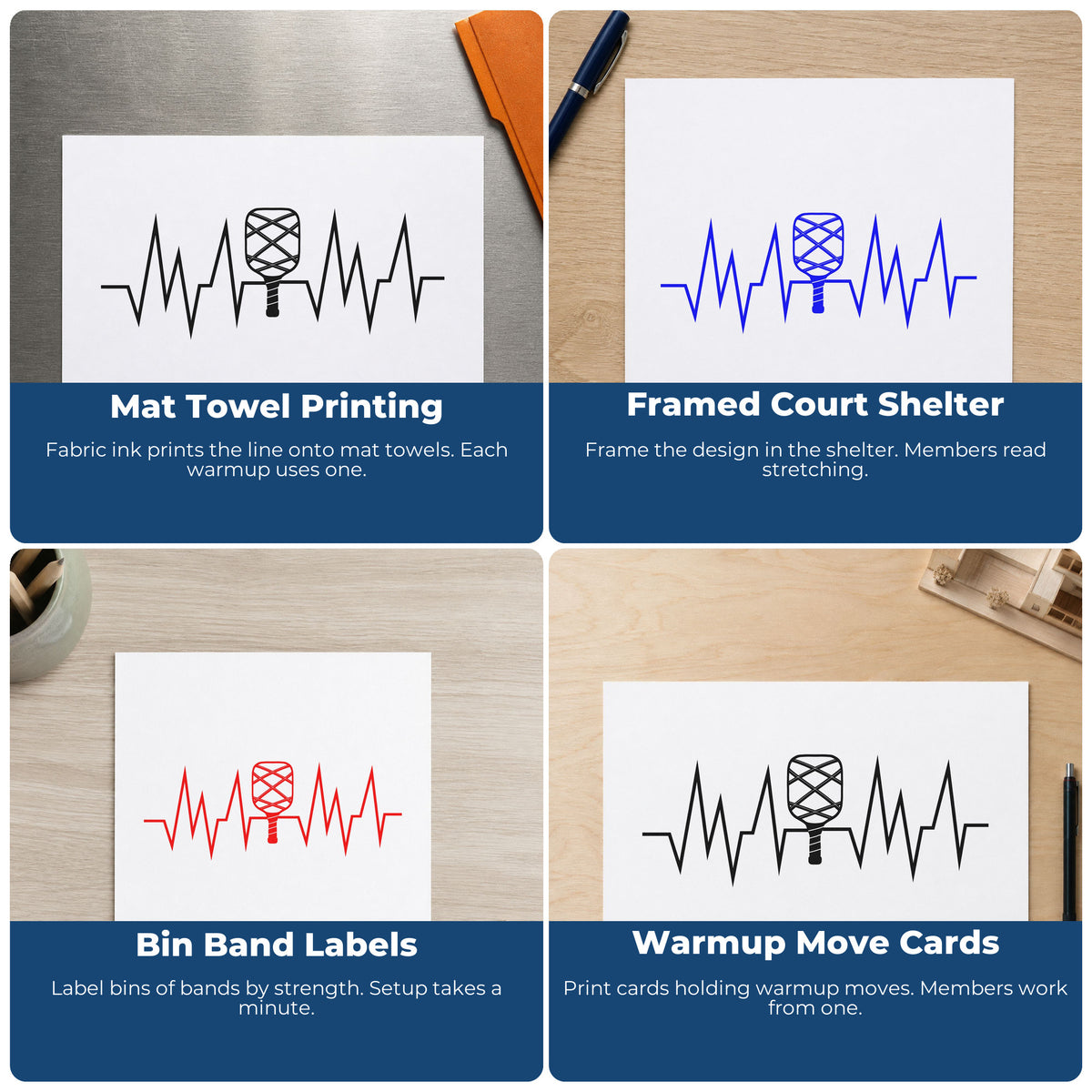 Four ways to use the Crosshatched Paddle Heartbeat Line Stamp – Wood Handle: mat towel printing, framed court shelter, bin band labels and warmup move cards.