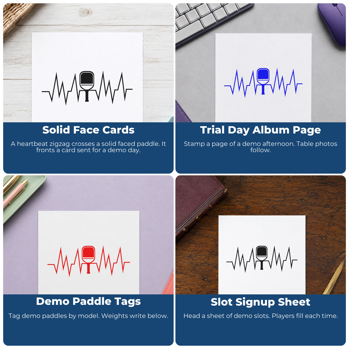 Four ways to use the Solid Paddle Heartbeat Line Wood Handle Stamp: solid face cards, trial day album page, demo paddle tags and slot signup sheet.