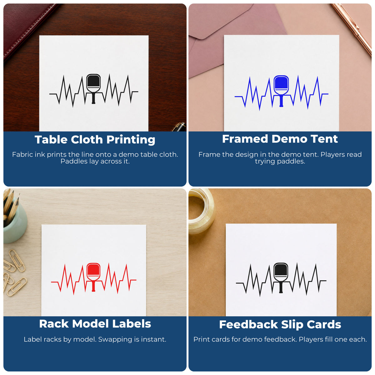 Four ways to use the Solid Paddle Heartbeat Line Wood Handle Stamp: table cloth printing, framed demo tent, rack model labels and feedback slip cards.
