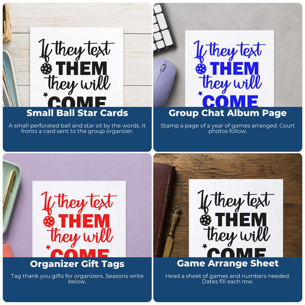 Four ways to use the Pickleball Text Them Word Art Pre-Inked Stamp – PSI: small ball star cards, group chat album page, organizer gift tags and game arrange sheet.