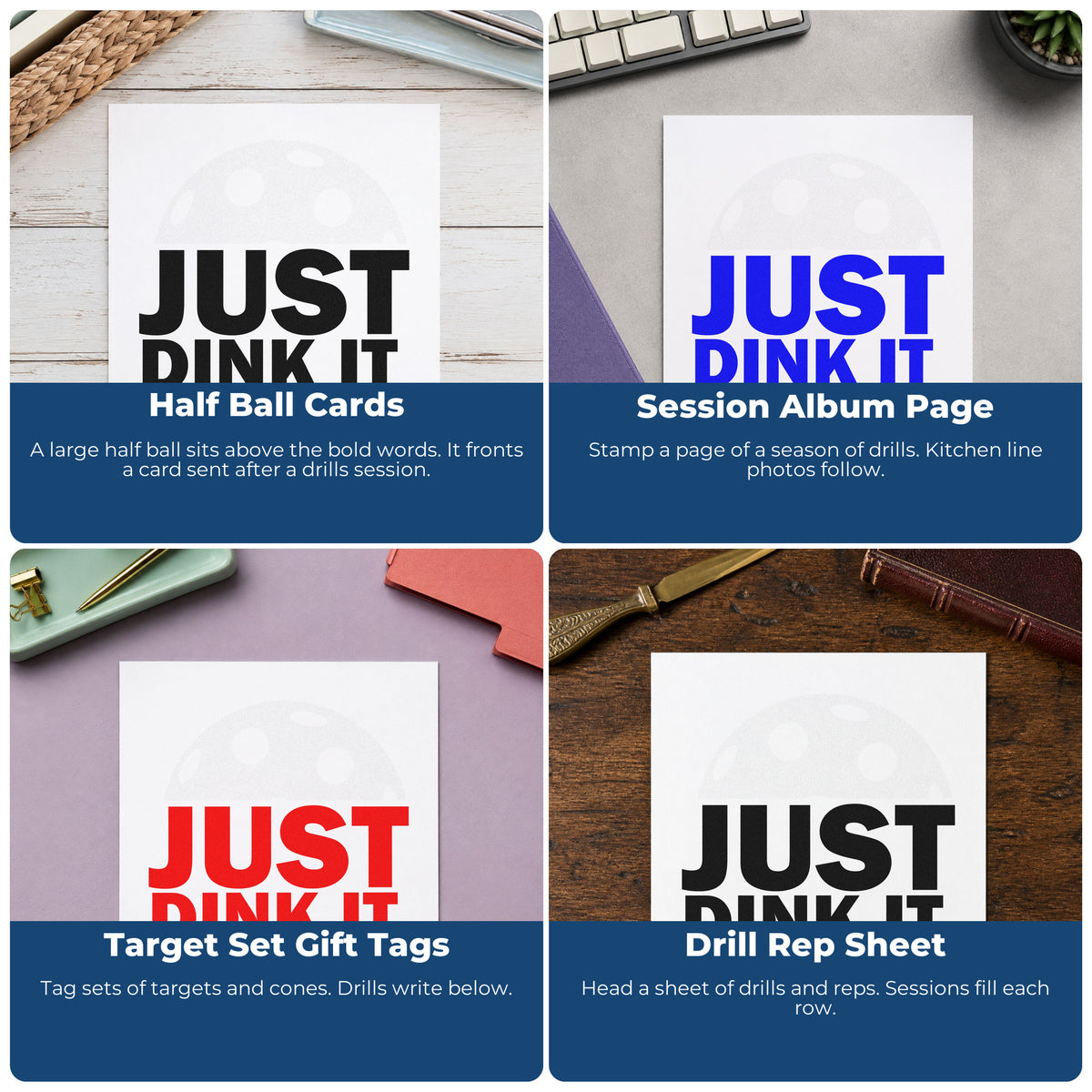 Four ways to use the Just Dink It Ball Hand Stamp – Duo: half ball cards, session album page, target set gift tags and drill rep sheet.