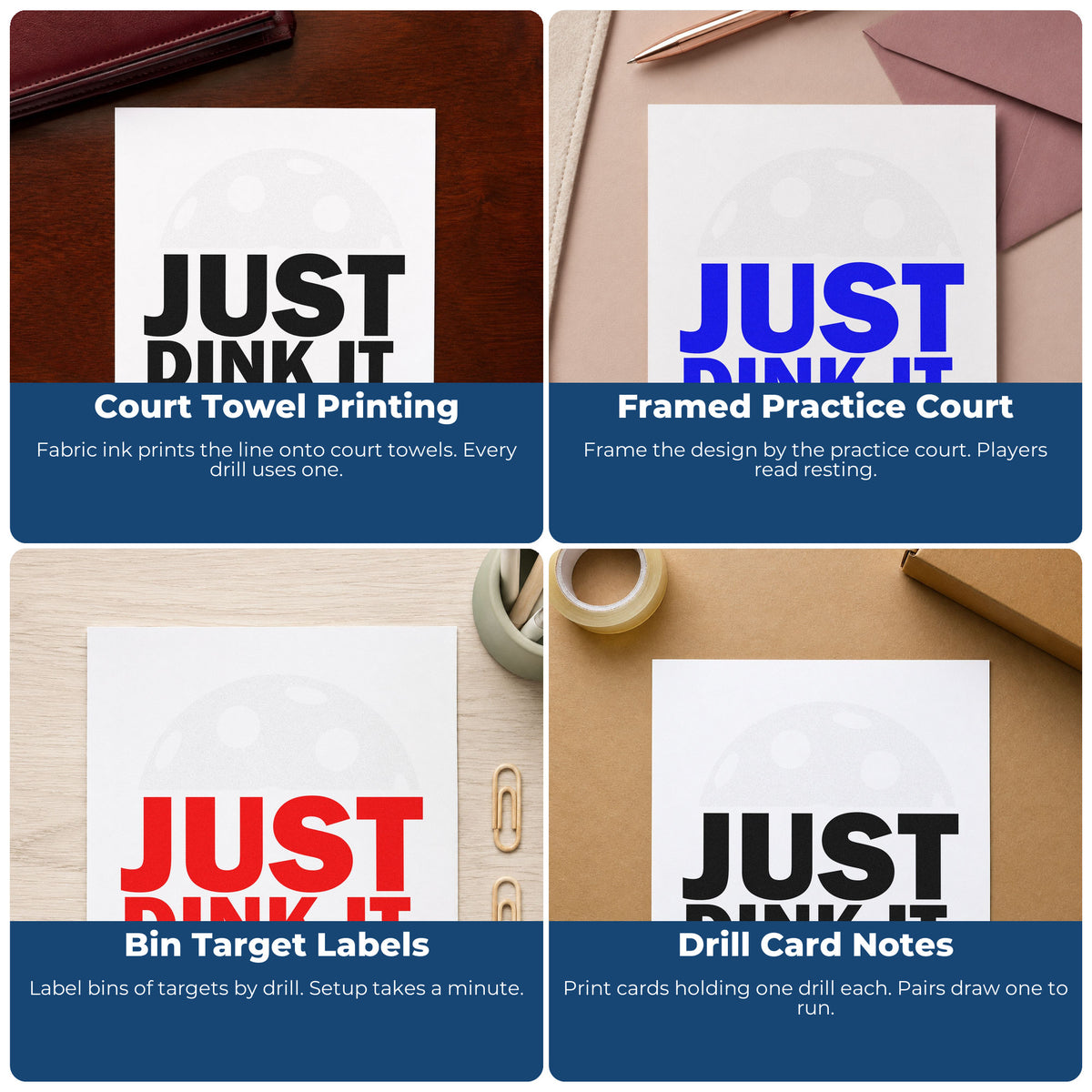 Four ways to use the Just Dink It Ball Hand Stamp – Duo: court towel printing, framed practice court, bin target labels and drill card notes.