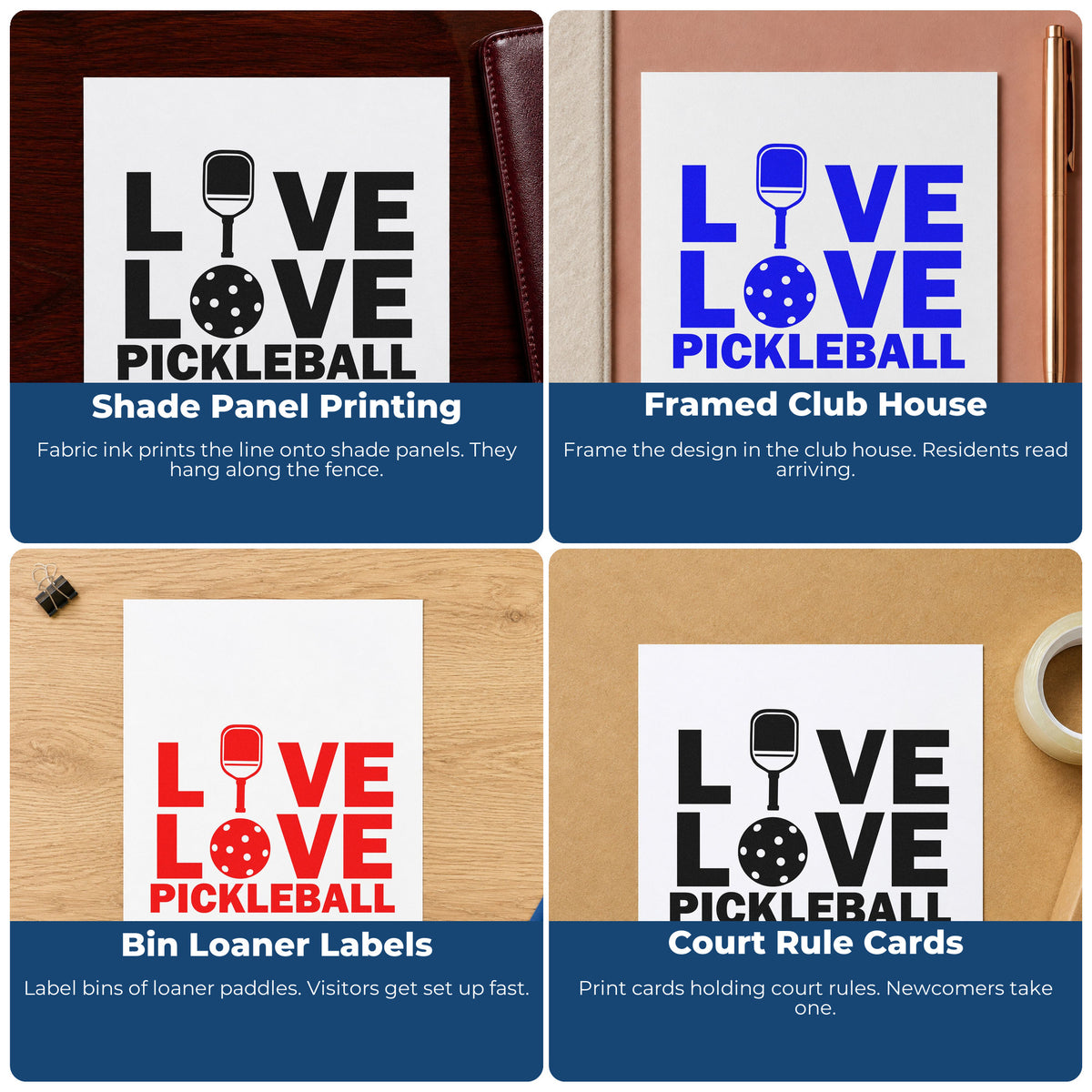 Four ways to use the Self-Inking Live Love Pickleball Icons Paddle Stamp: shade panel printing, framed club house, bin loaner labels and court rule cards.