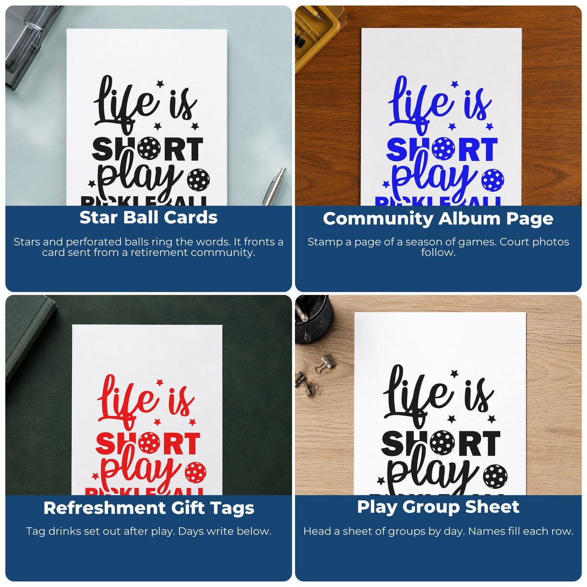 Four ways to use the Wood Handle Life Short Play Pickleball Rubber Stamp: star ball cards, community album page, refreshment gift tags and play group sheet.