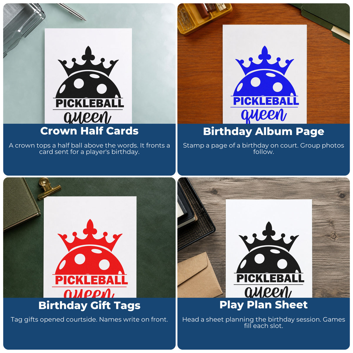 Four ways to use the Pickleball Queen Crowned Ball Hand Stamp – Duo: crown half cards, birthday album page, birthday gift tags and play plan sheet.