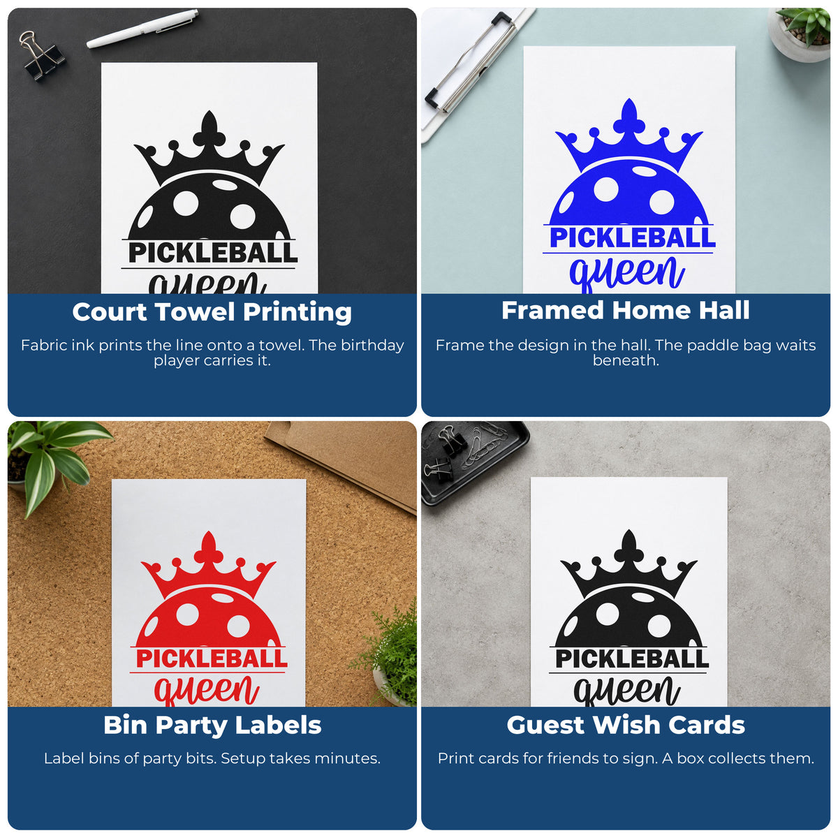 Four ways to use the Pickleball Queen Crowned Ball Hand Stamp – Duo: court towel printing, framed home hall, bin party labels and guest wish cards.