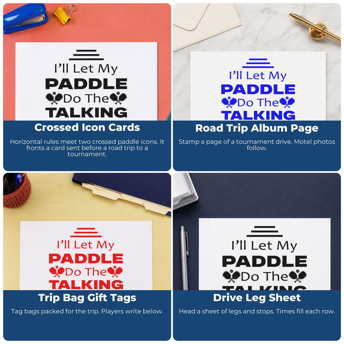 Four ways to use the Paddle Do The Talking Duo Hand Stamp: crossed icon cards, road trip album page, trip bag gift tags and drive leg sheet.