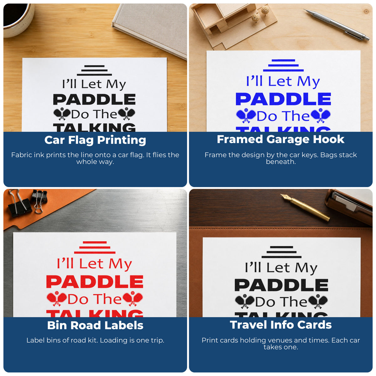 Four ways to use the Paddle Do The Talking Duo Hand Stamp: car flag printing, framed garage hook, bin road labels and travel info cards.