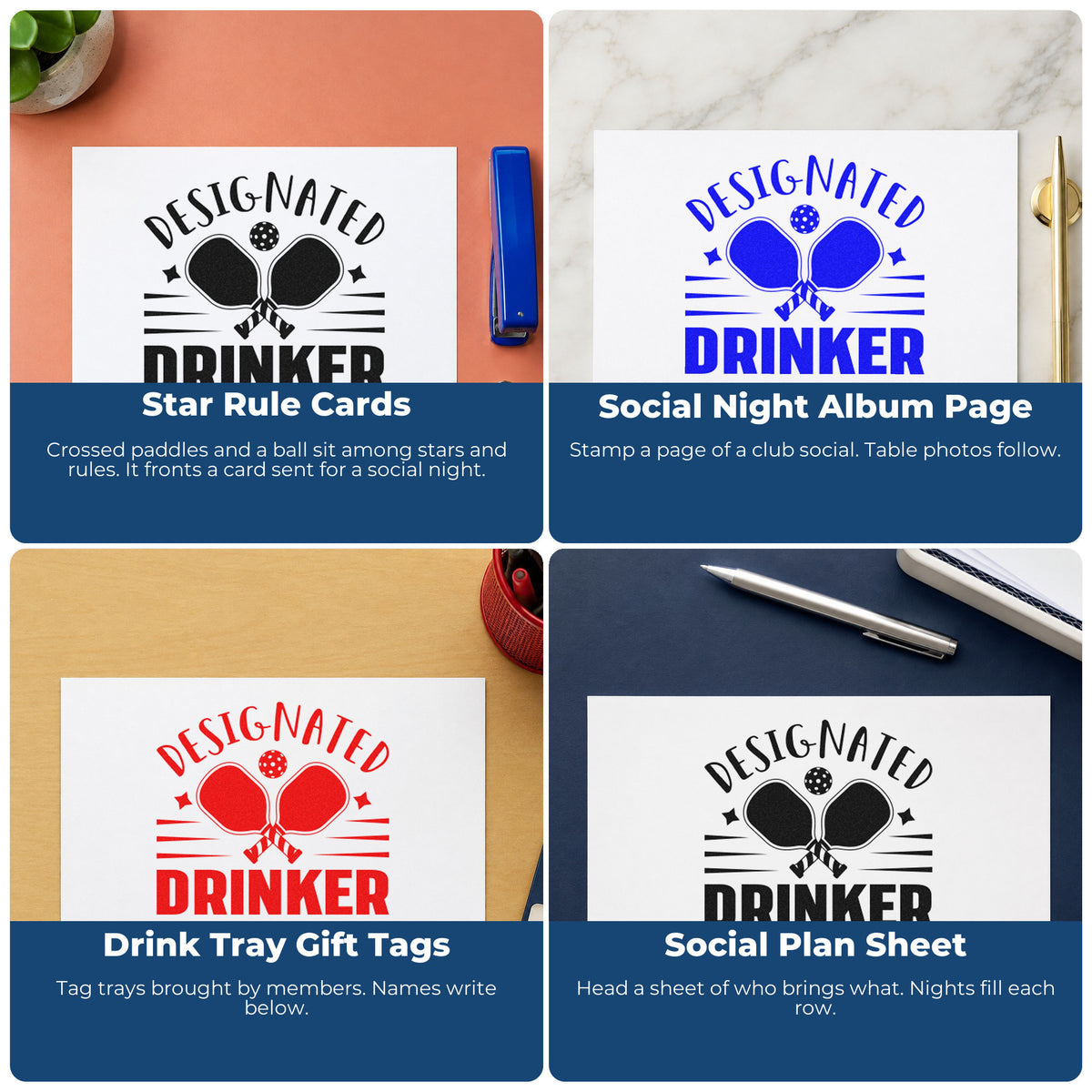 Four ways to use the Designated Drinker Pickleball Paddles With Stars Wood Handle Stamp: star rule cards, social night album page, drink tray gift tags and social plan sheet.