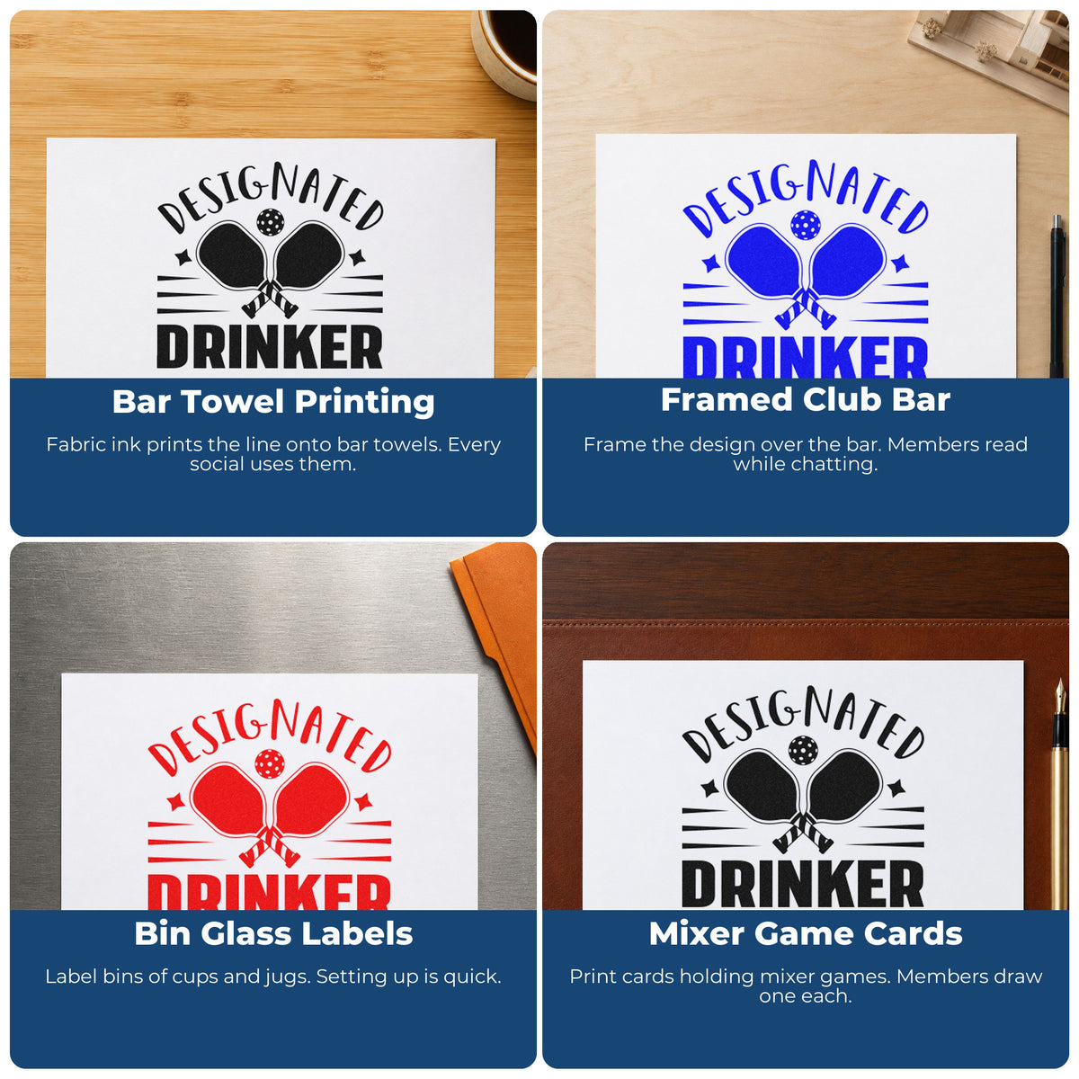 Four ways to use the Designated Drinker Pickleball Paddles With Stars Self-Inking Craft Stamp: bar towel printing, framed club bar, bin glass labels and mixer game cards.