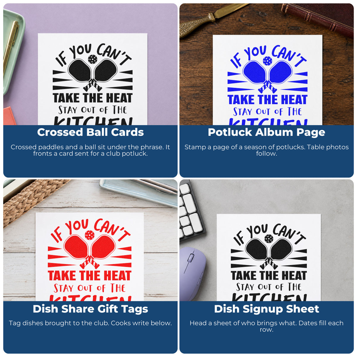 Four ways to use the Heat Stay Out Kitchen Stamp – Self-Inking: crossed ball cards, potluck album page, dish share gift tags and dish signup sheet.