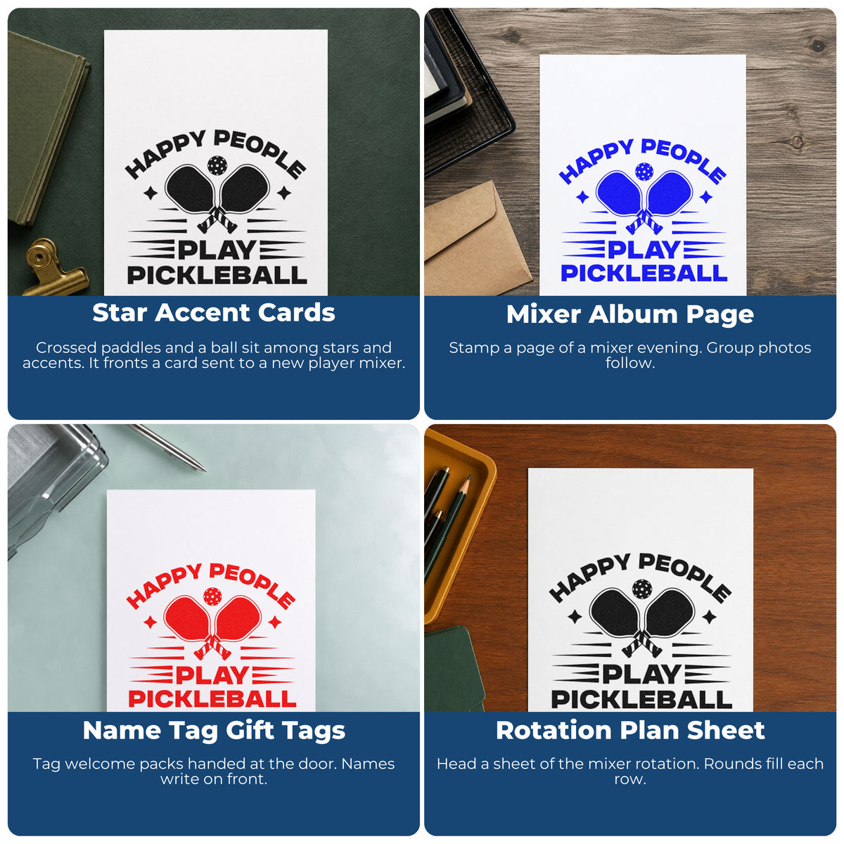 Four ways to use the Pre-Inked Happy People Play Pickleball Stamp – PSI: star accent cards, mixer album page, name tag gift tags and rotation plan sheet.