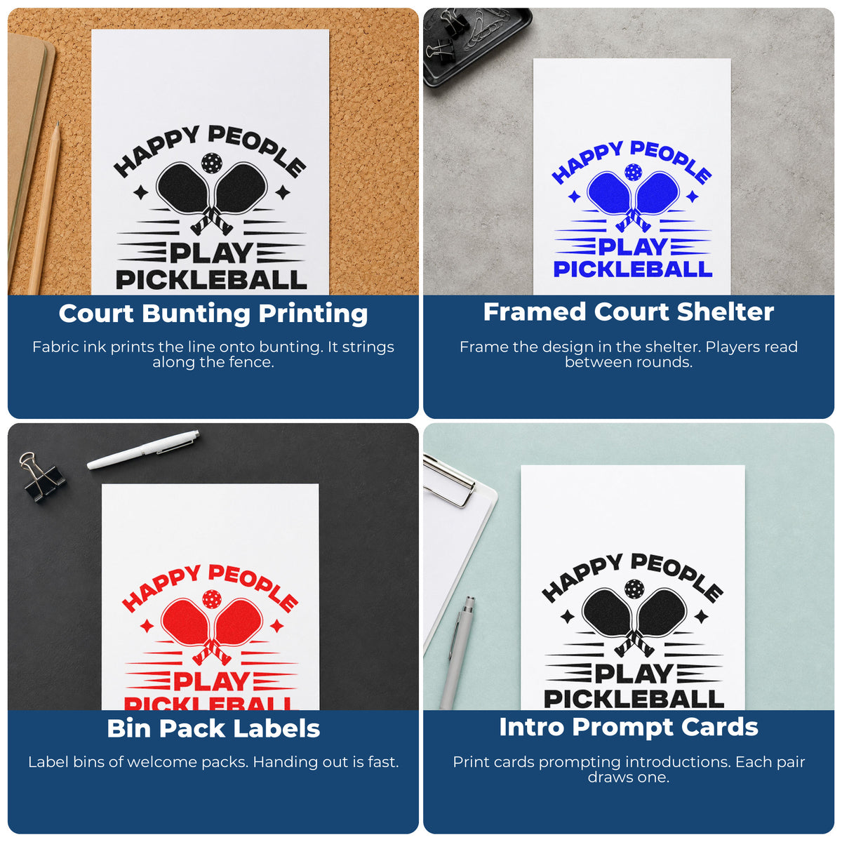 Four ways to use the Pre-Inked Happy People Play Pickleball Stamp – PSI: court bunting printing, framed court shelter, bin pack labels and intro prompt cards.