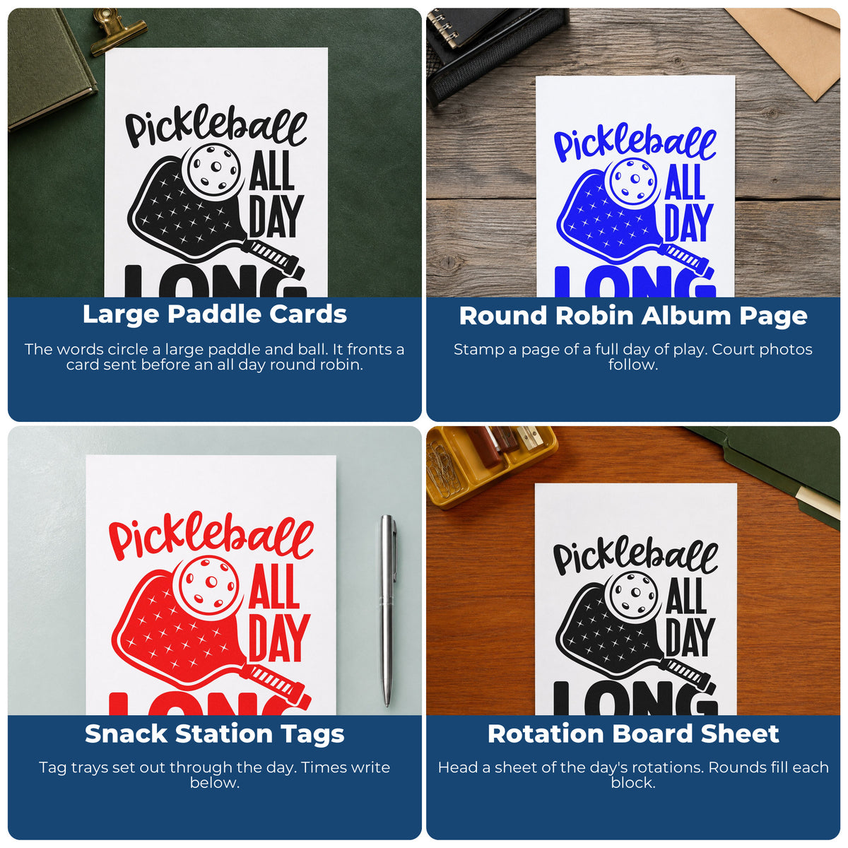 Four ways to use the Pickleball All Day Long Paddle Stamp – Wood Handle: large paddle cards, round robin album page, snack station tags and rotation board sheet.