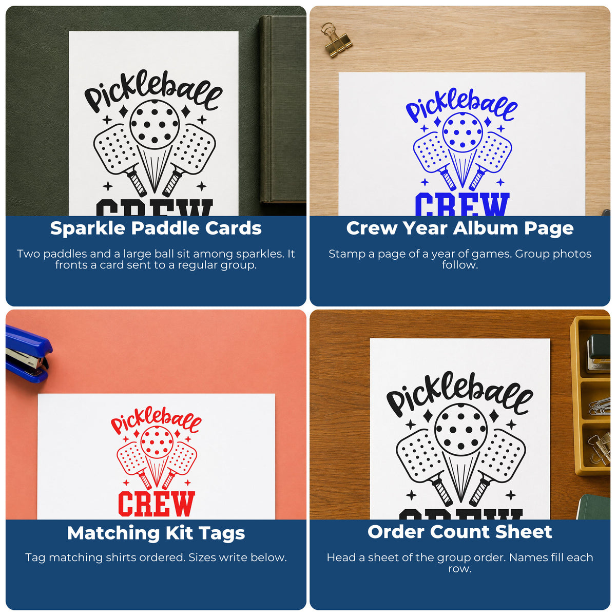 Four ways to use the Pickleball Crew Paddles Ball Duo Hand Stamp: sparkle paddle cards, crew year album page, matching kit tags and order count sheet.