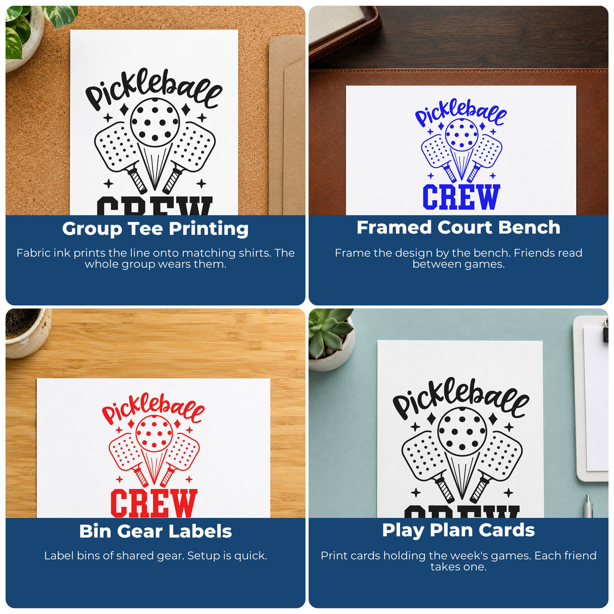 Four ways to use the PSI Pre-Inked Pickleball Crew Paddles Ball Stamp: group tee printing, framed court bench, bin gear labels and play plan cards.