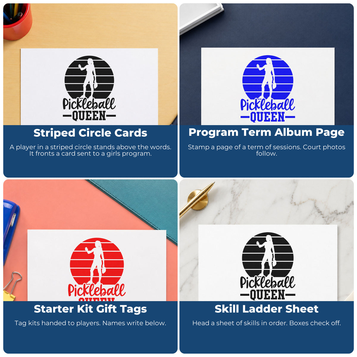 Four ways to use the Pickleball Queen Player Silhouette Paddle Self-Inking Craft Stamp: striped circle cards, program term album page, starter kit gift tags and skill ladder sheet.