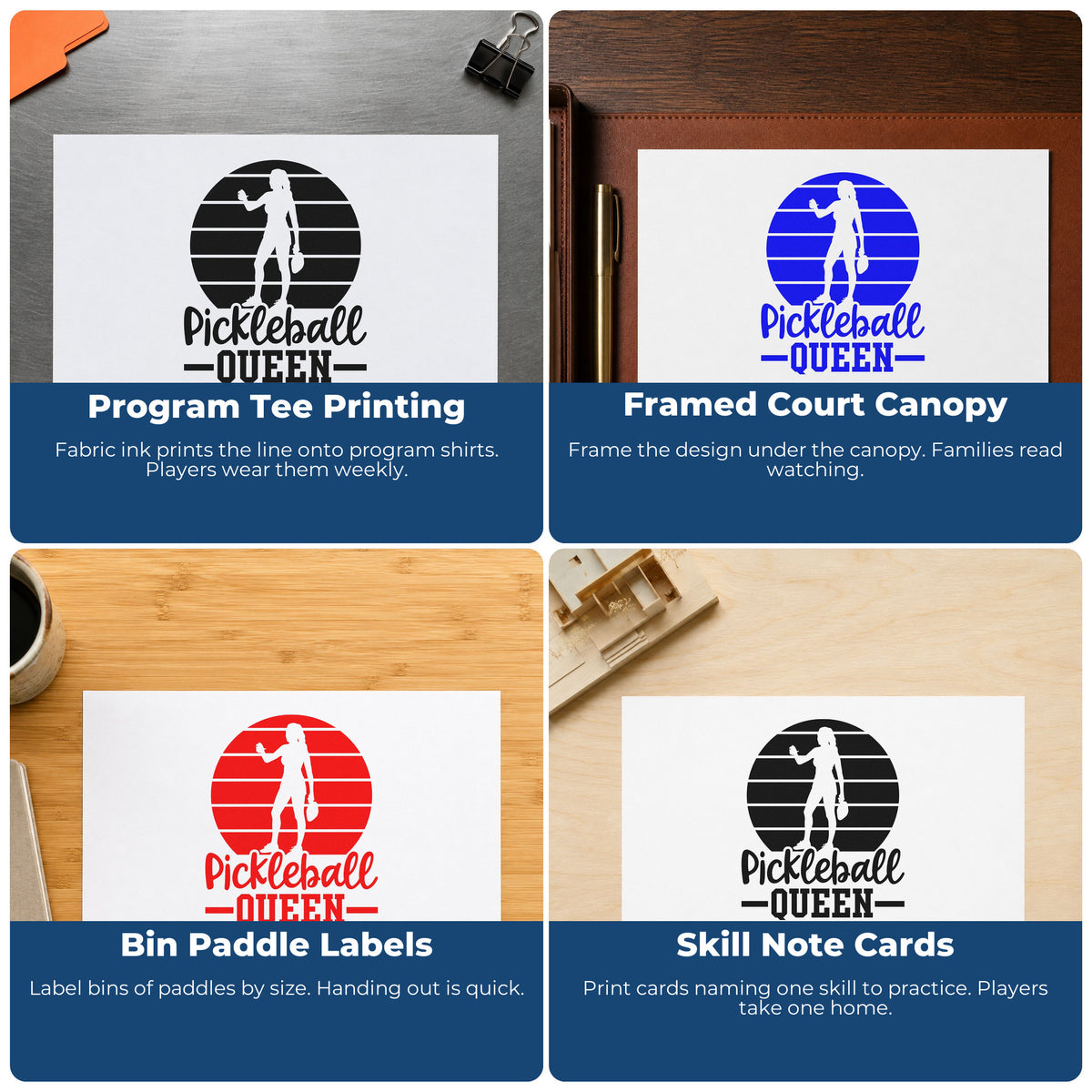 Four ways to use the Pickleball Queen Player Silhouette Paddle Pre-Inked Stamp – PSI: program tee printing, framed court canopy, bin paddle labels and skill note cards.