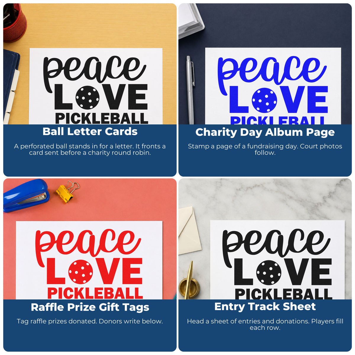 Four ways to use the Peace Love Pickleball Lettering Hand Stamp – Duo: ball letter cards, charity day album page, raffle prize gift tags and entry track sheet.