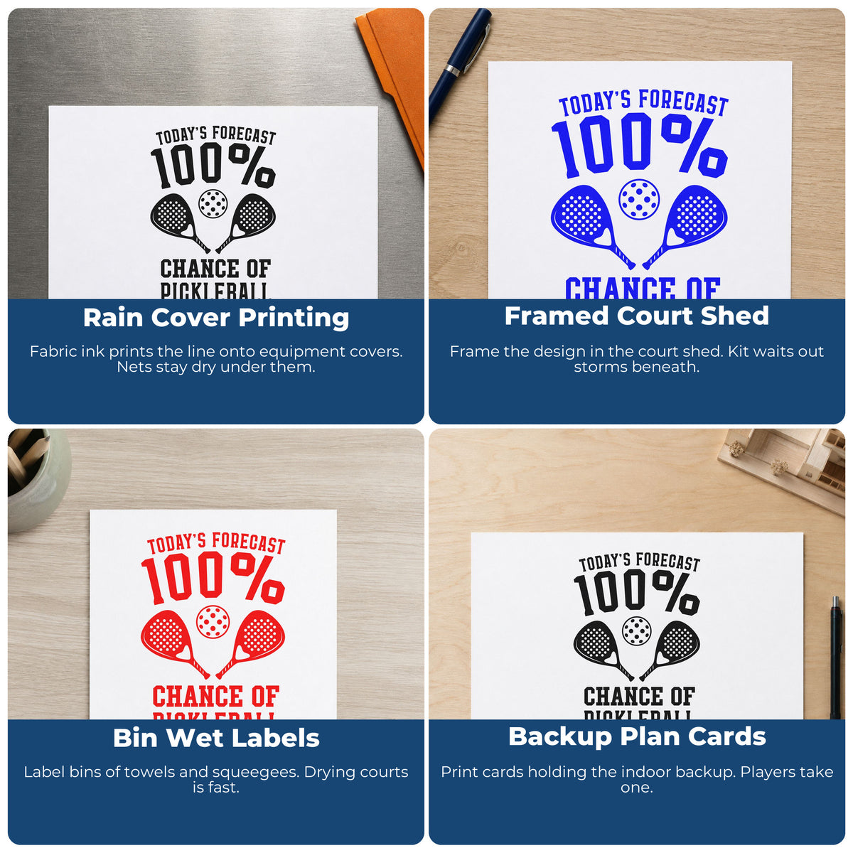 Four ways to use the Wood Handle Today's Forecast Pickleball Paddles Rubber Stamp: rain cover printing, framed court shed, bin wet labels and backup plan cards.