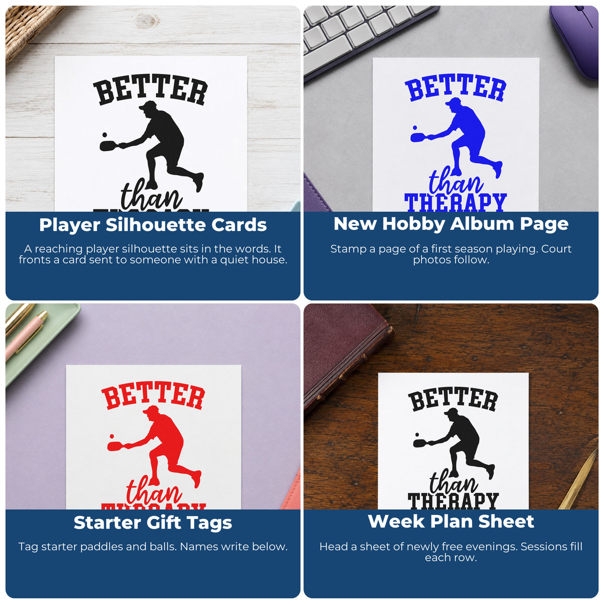 Four ways to use the Better Than Therapy Pickleball Paddle Self-Inking Stamp: player silhouette cards, new hobby album page, starter gift tags and week plan sheet.